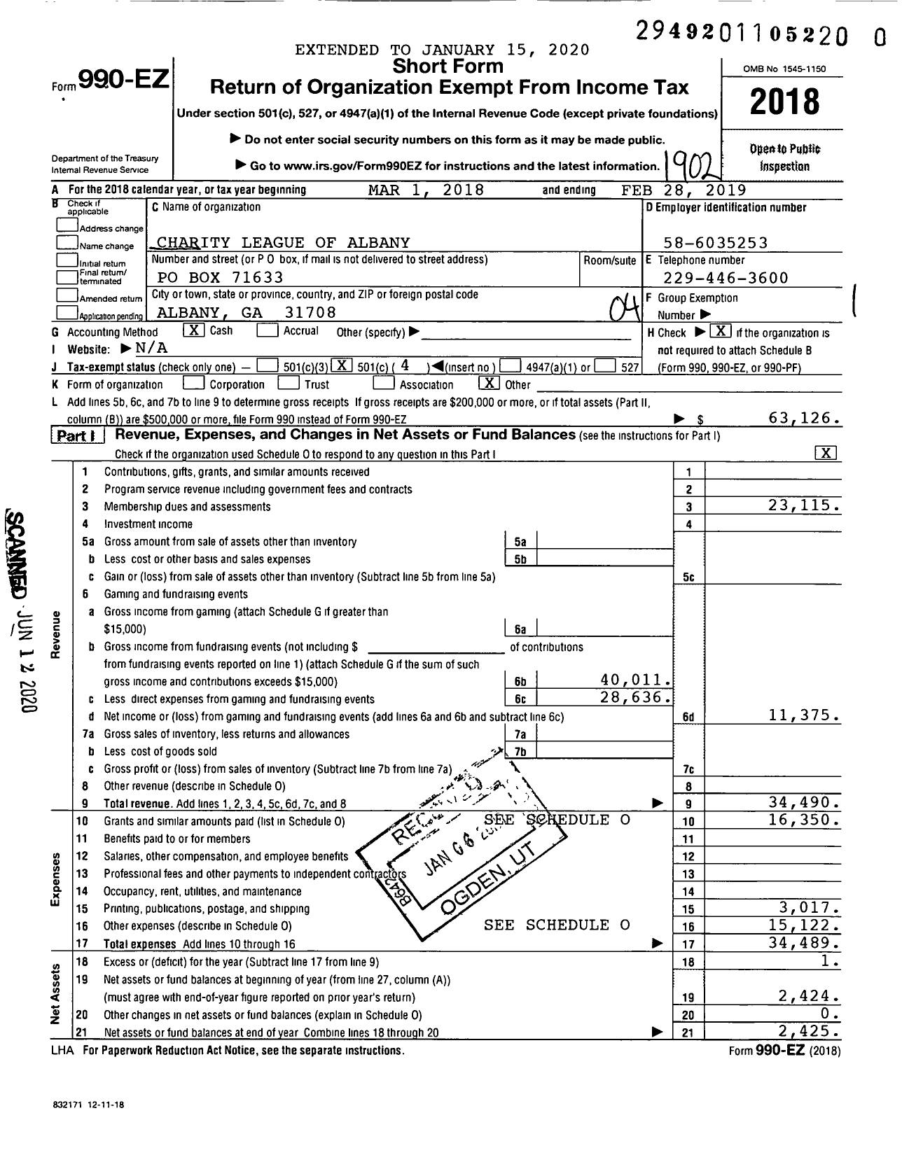 Image of first page of 2018 Form 990EO for Charity League of Albany