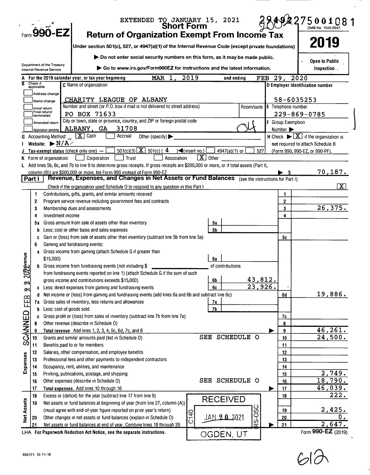 Image of first page of 2019 Form 990EO for Charity League of Albany