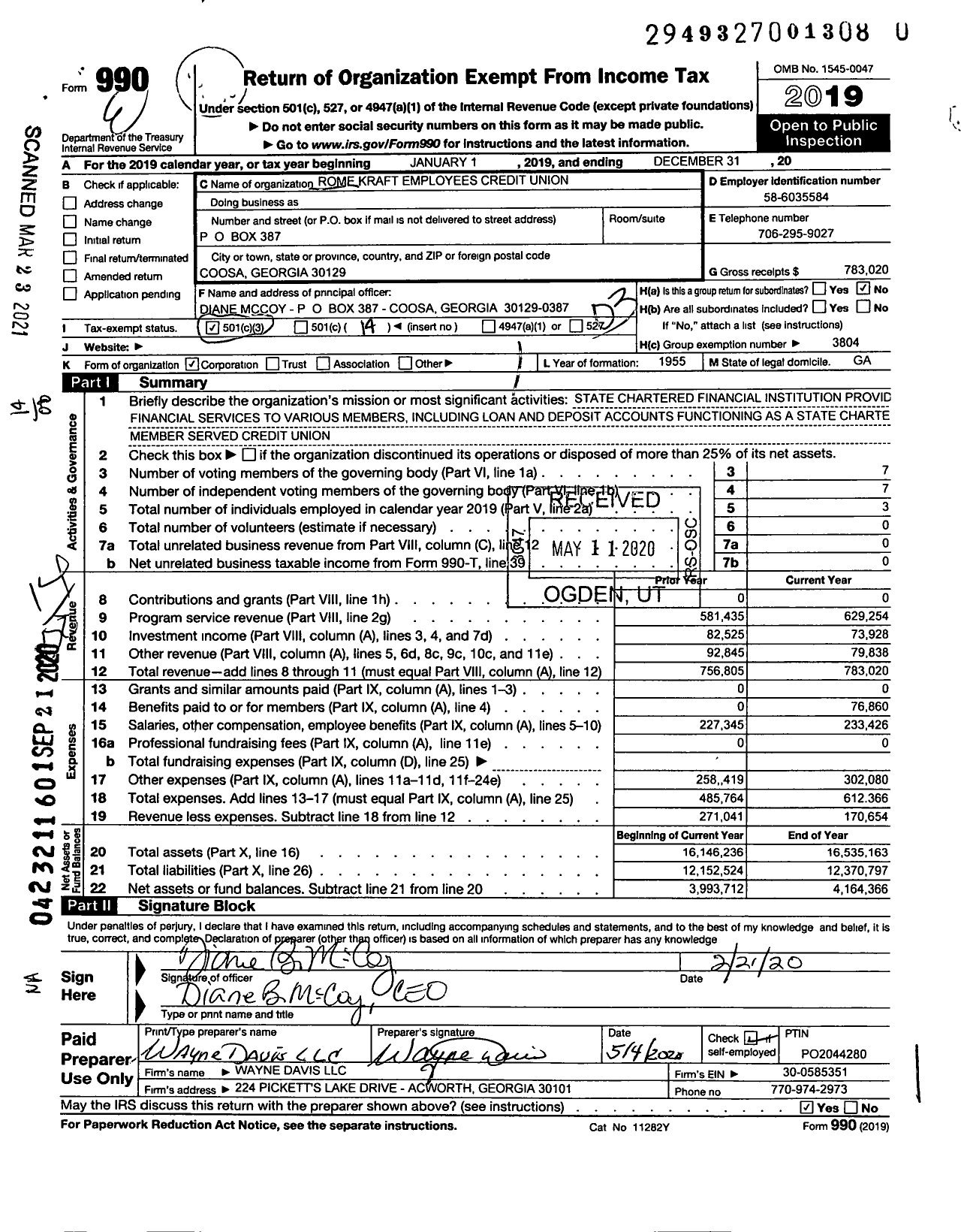 Image of first page of 2019 Form 990O for Rome Kraft Employees Credit Union