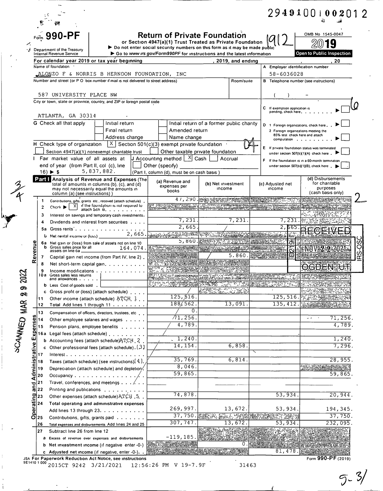Image of first page of 2019 Form 990PF for Alonzo F and Norris B Herndon Foundation
