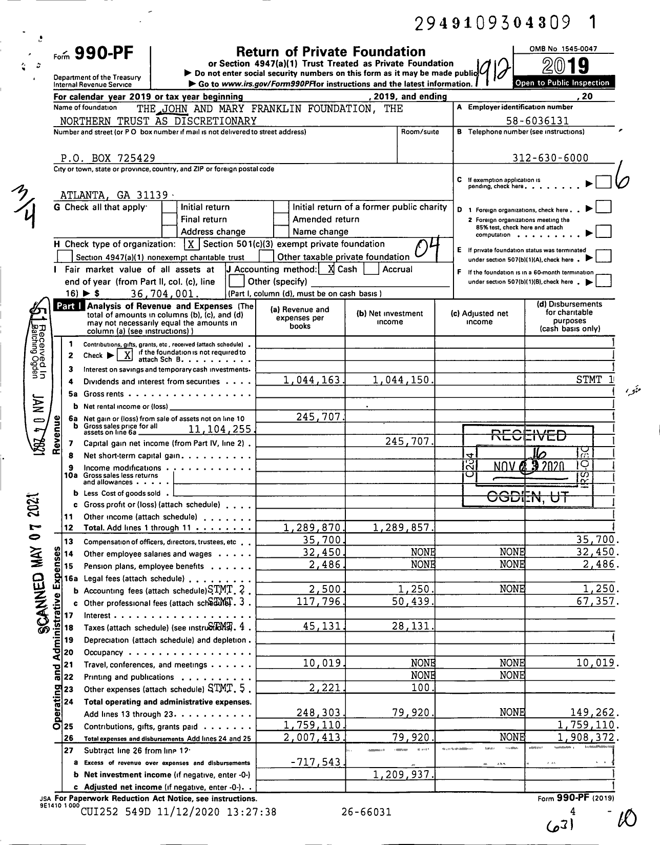 Image of first page of 2019 Form 990PF for The John and Mary Franklin Foundation the