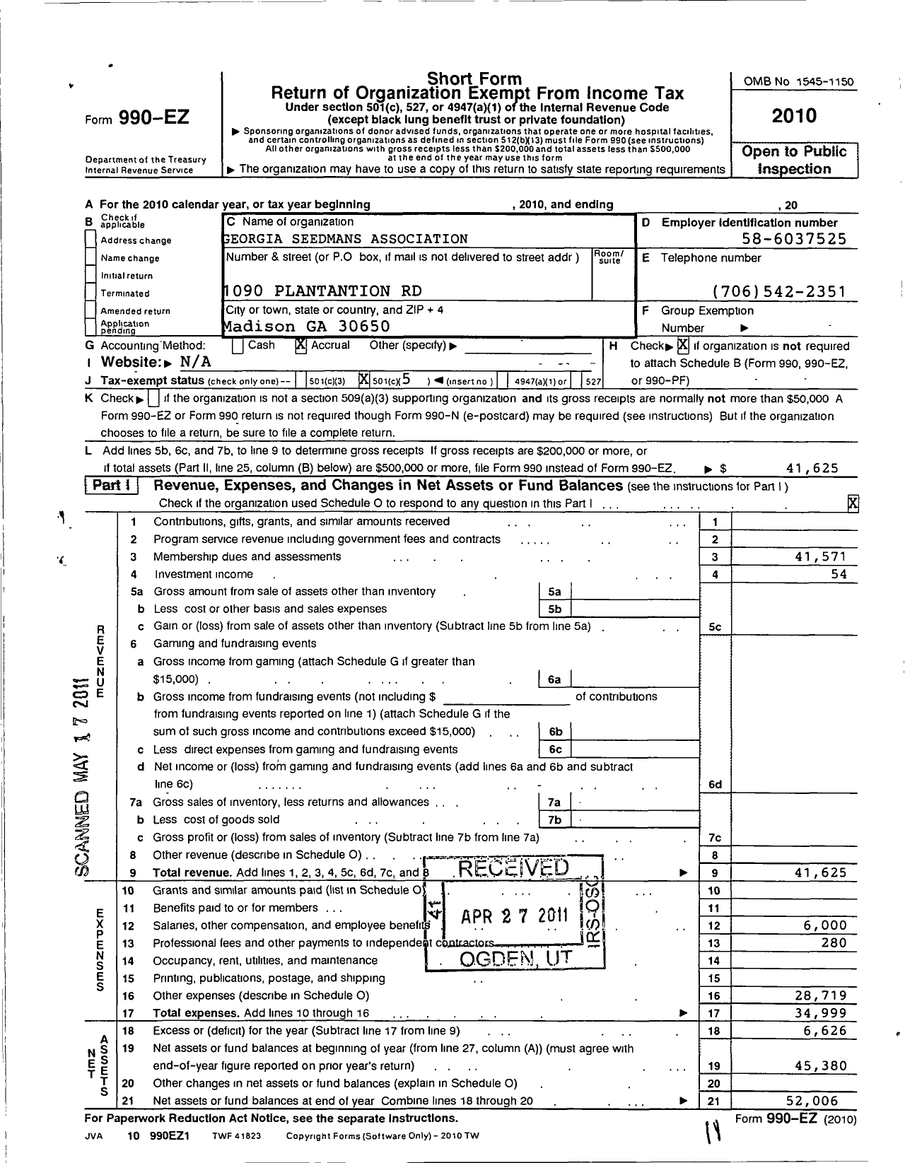 Image of first page of 2010 Form 990EO for Georgia Seedsmens Association
