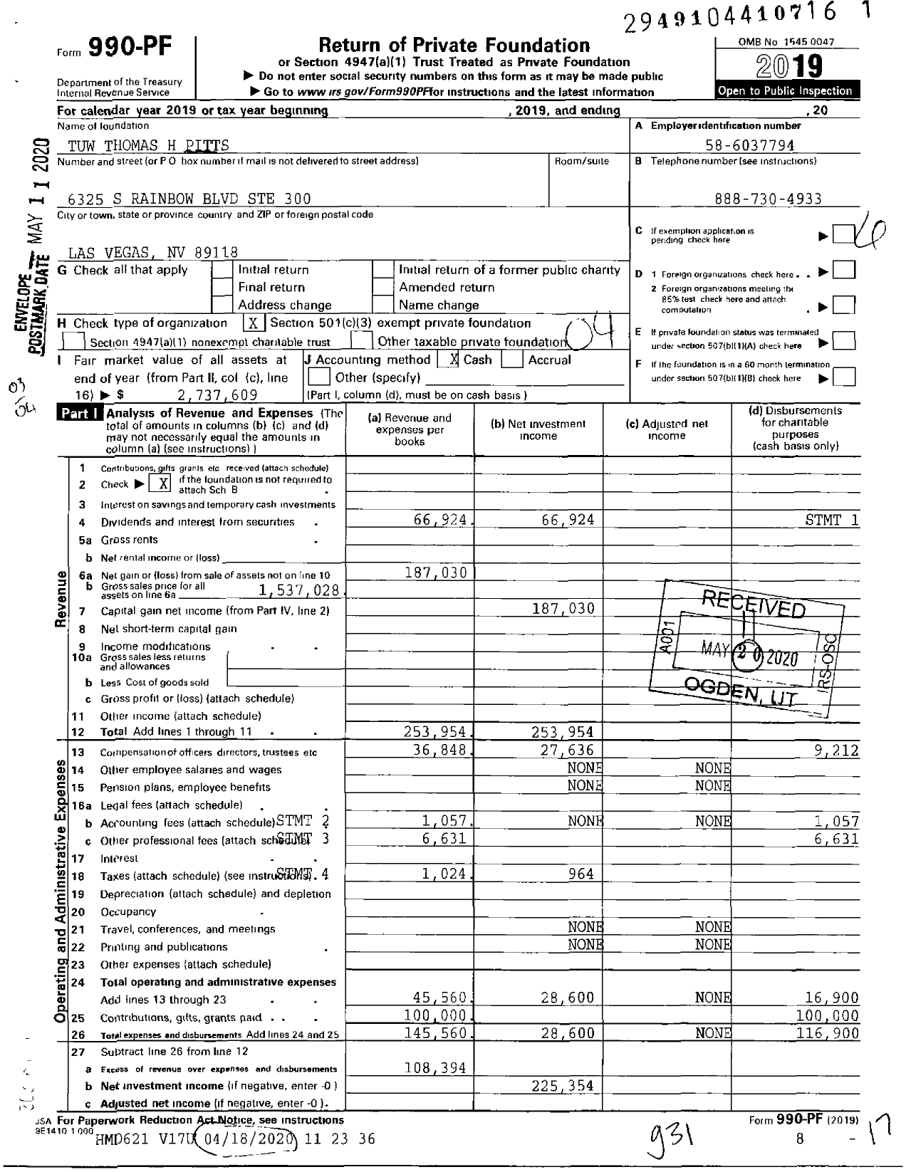 Image of first page of 2019 Form 990PF for Tuw Thomas H Pitts