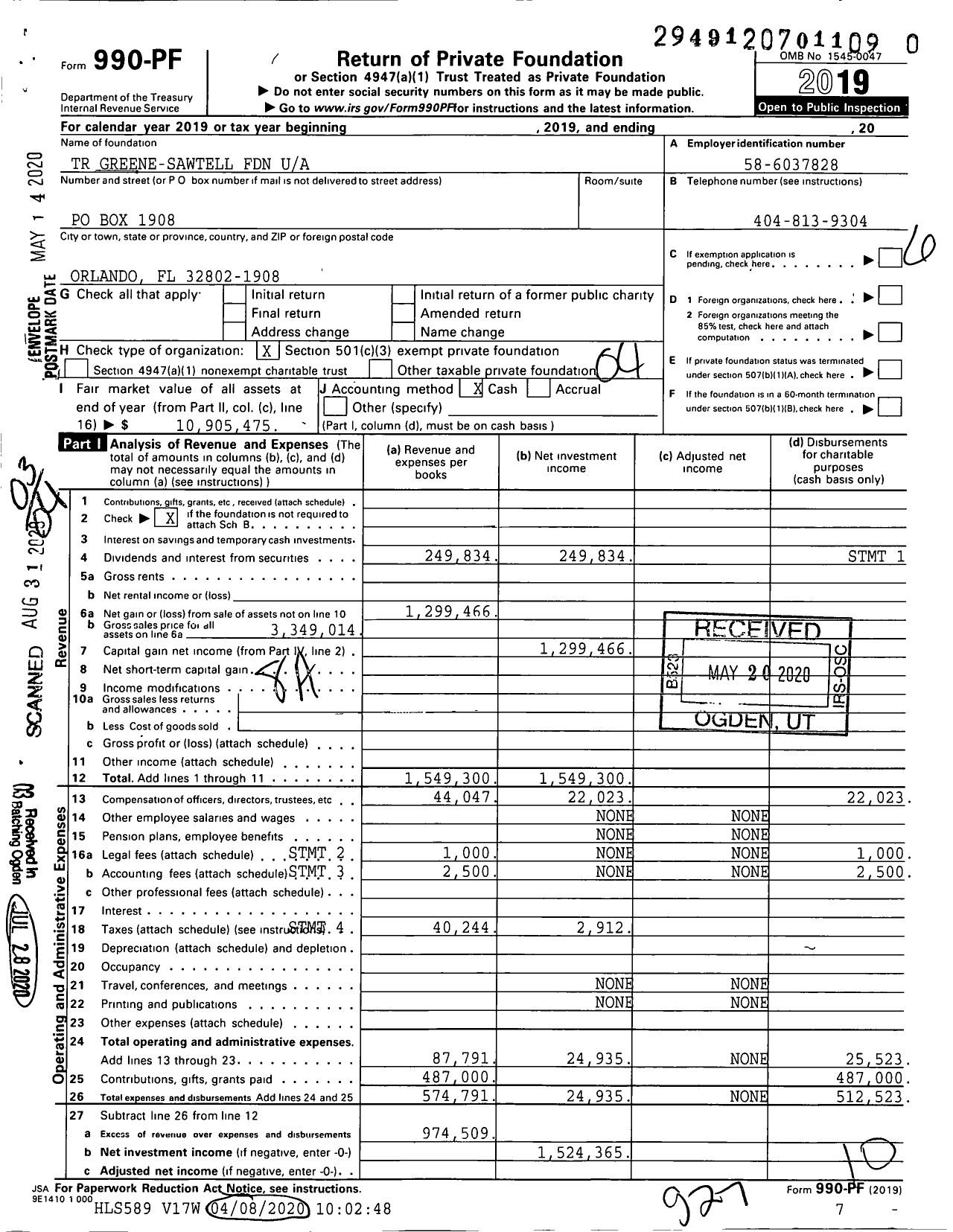 Image of first page of 2019 Form 990PR for The Greene-Sawtell Foundation