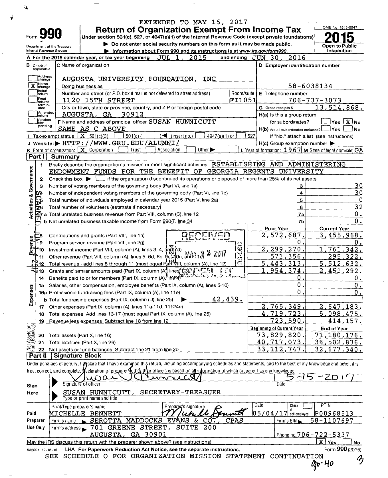 Image of first page of 2015 Form 990 for Augusta University Foundation