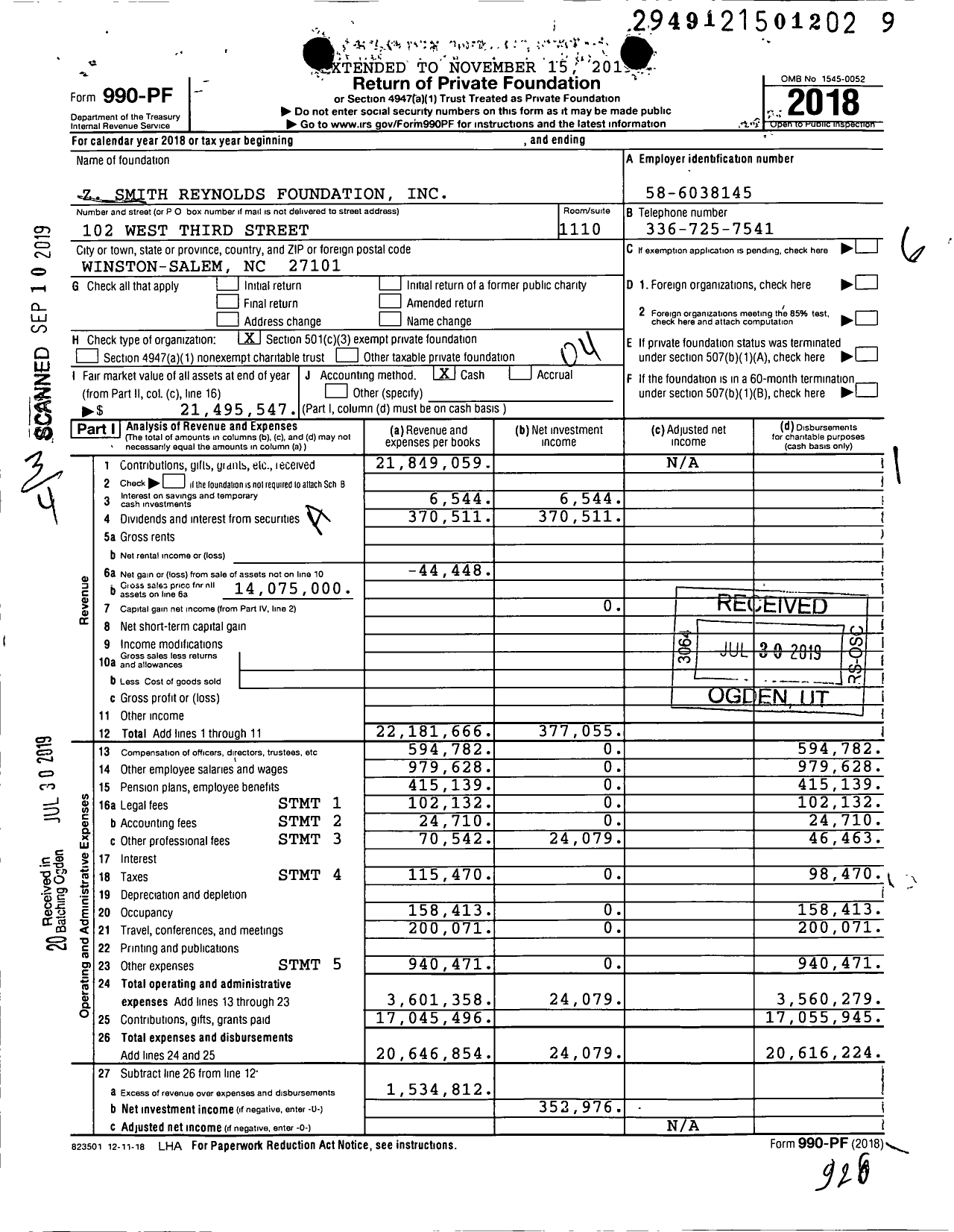 Image of first page of 2018 Form 990PF for Z. Smith Reynolds Foundation (ZSR)