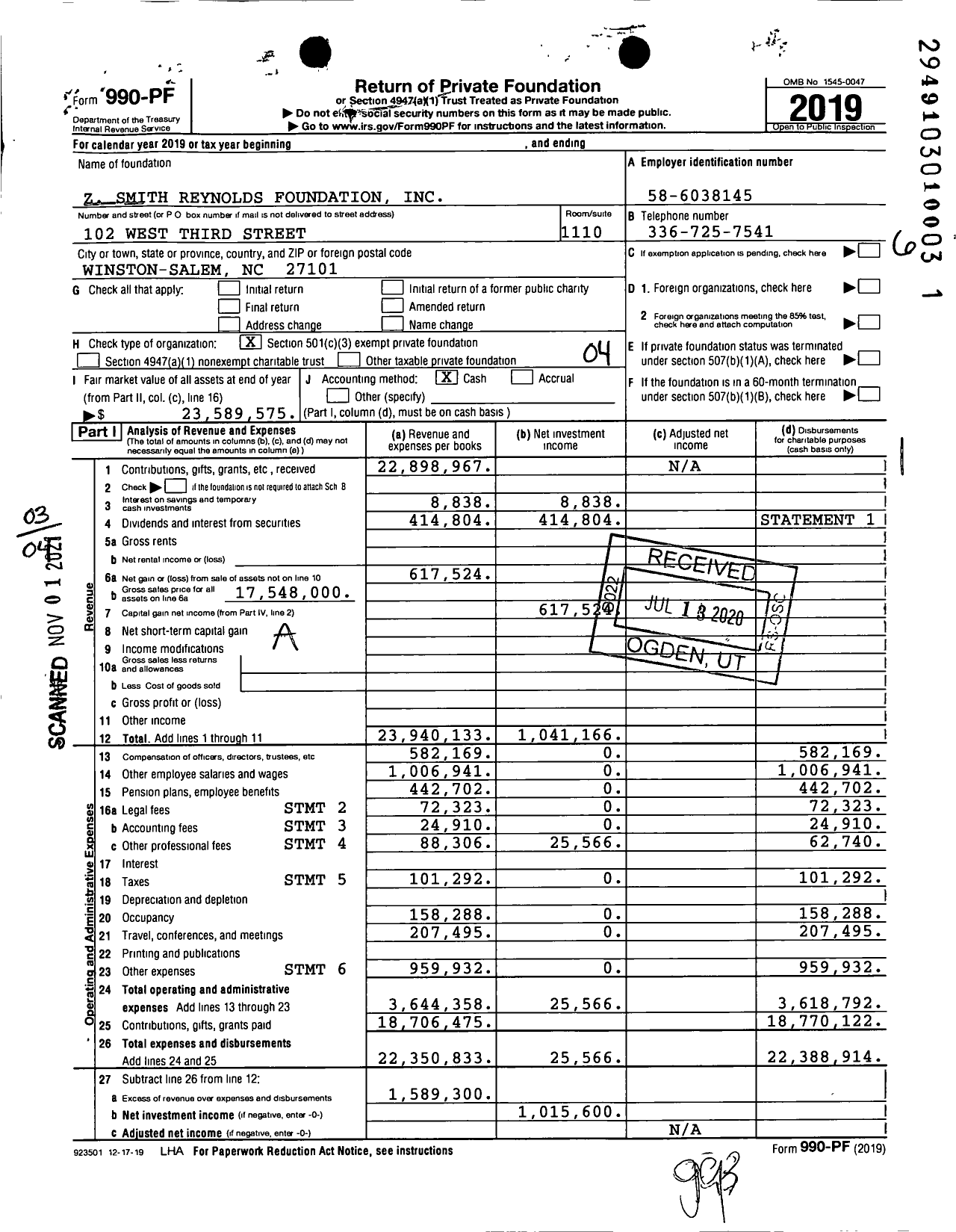 Image of first page of 2019 Form 990PF for Z. Smith Reynolds Foundation (ZSR)