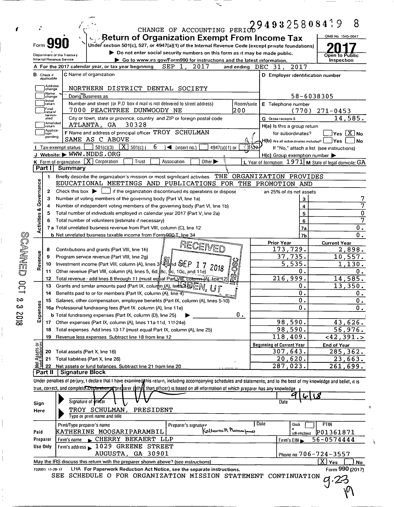 Image of first page of 2017 Form 990O for Northern District Dental Society