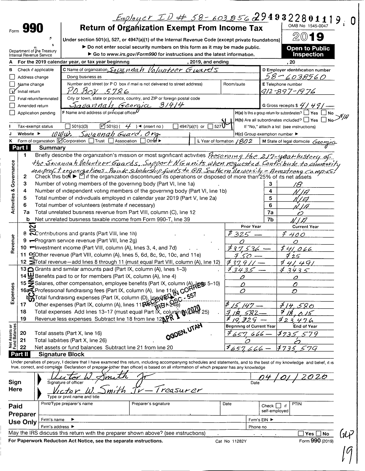 Image of first page of 2019 Form 990O for Savannah Volunteer Guards