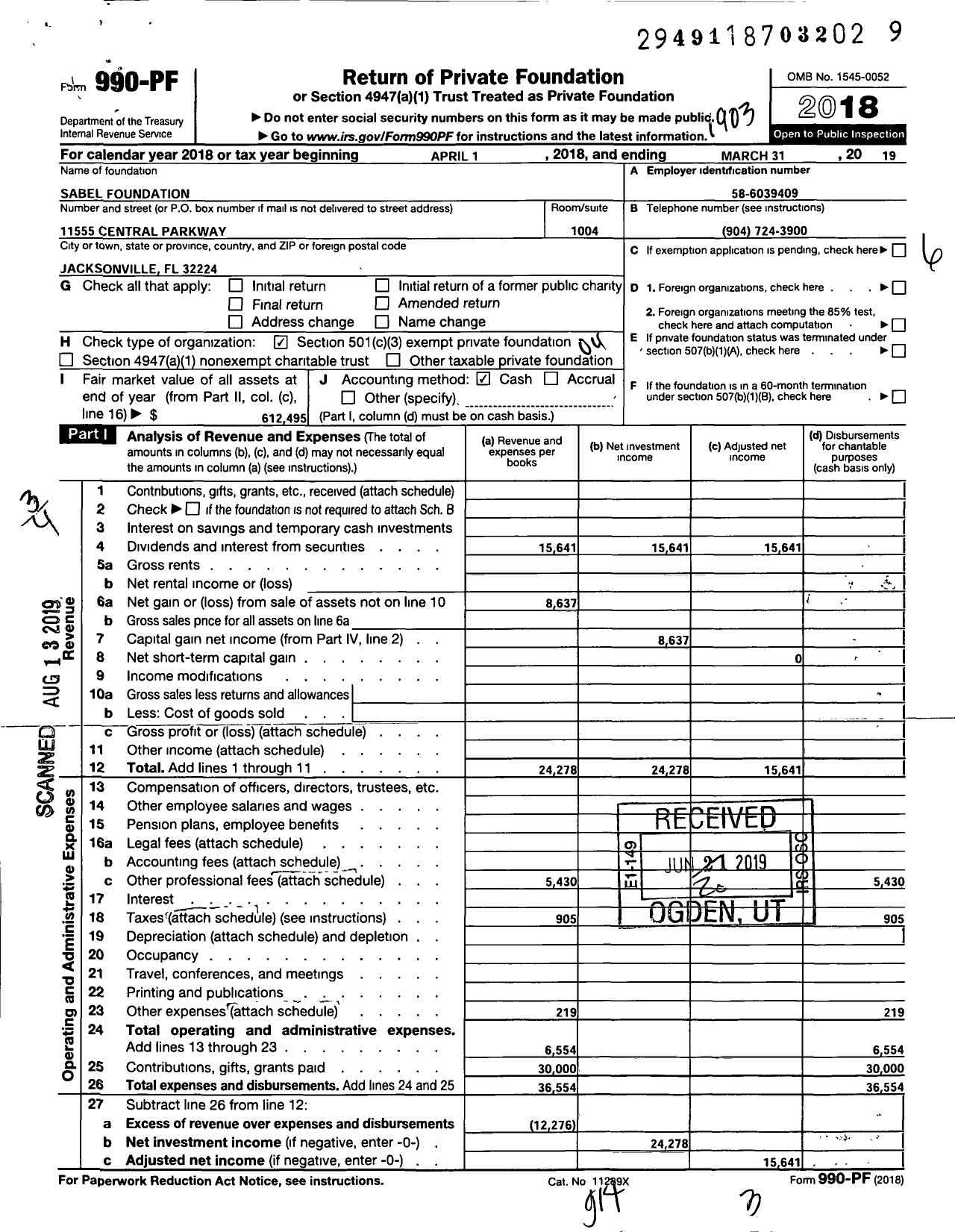 Image of first page of 2018 Form 990PF for Sabel Foundation