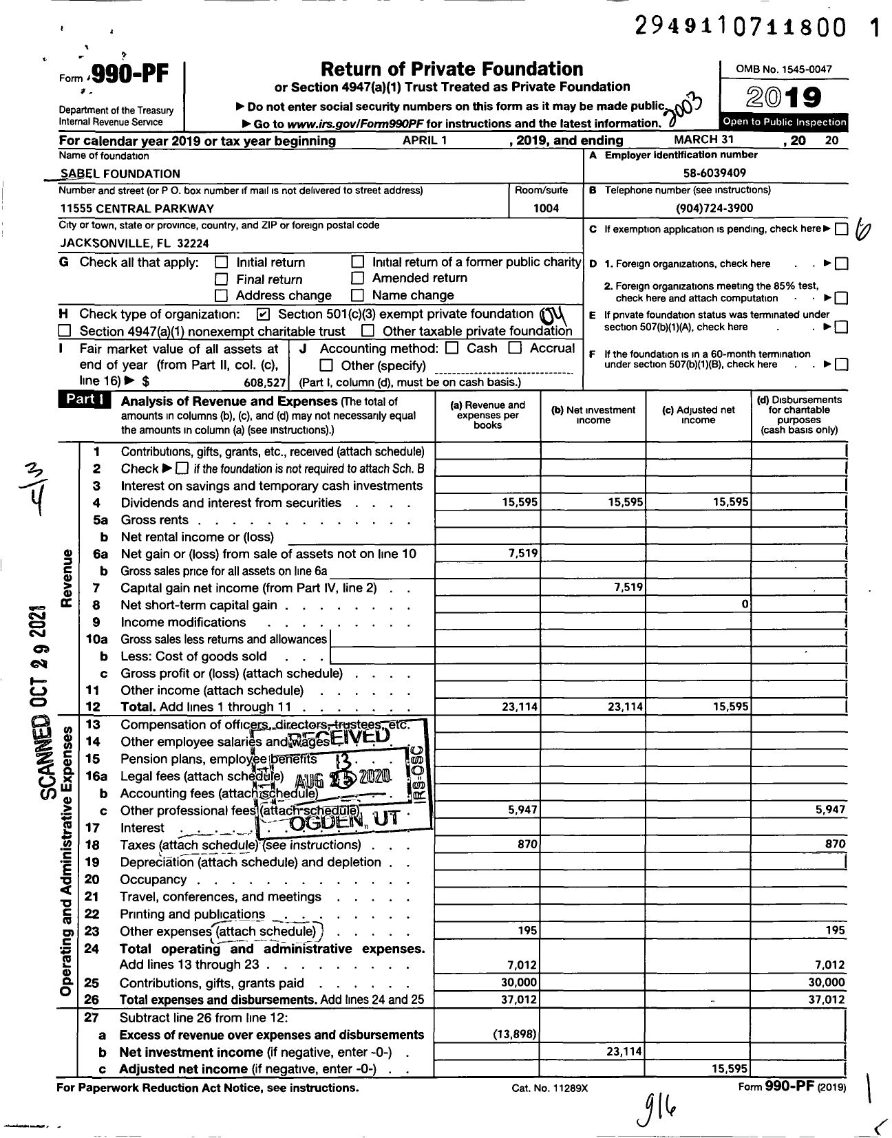 Image of first page of 2019 Form 990PF for Sabel Foundation