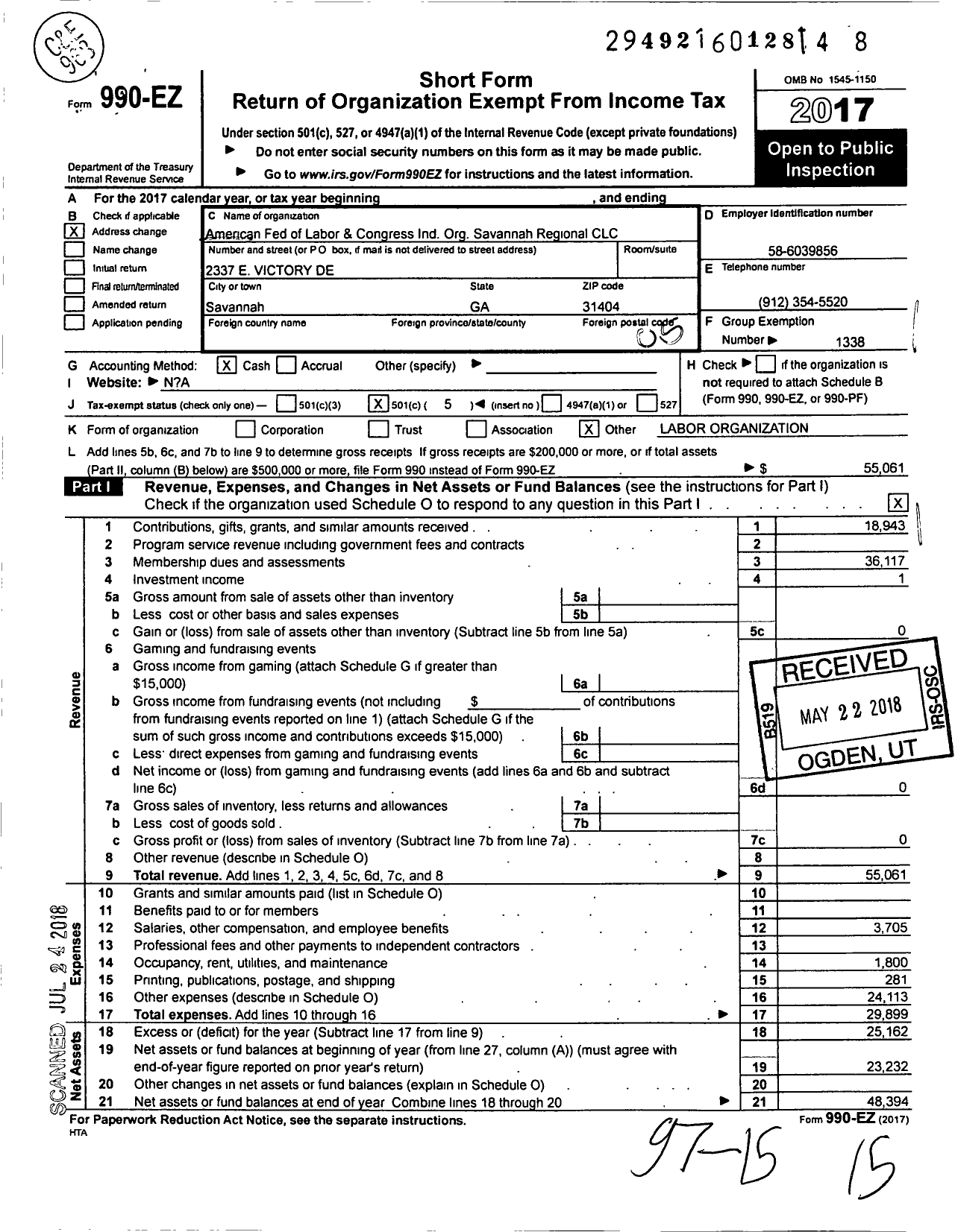 Image of first page of 2017 Form 990EO for AFL-CIO - Savannah Regional CLC