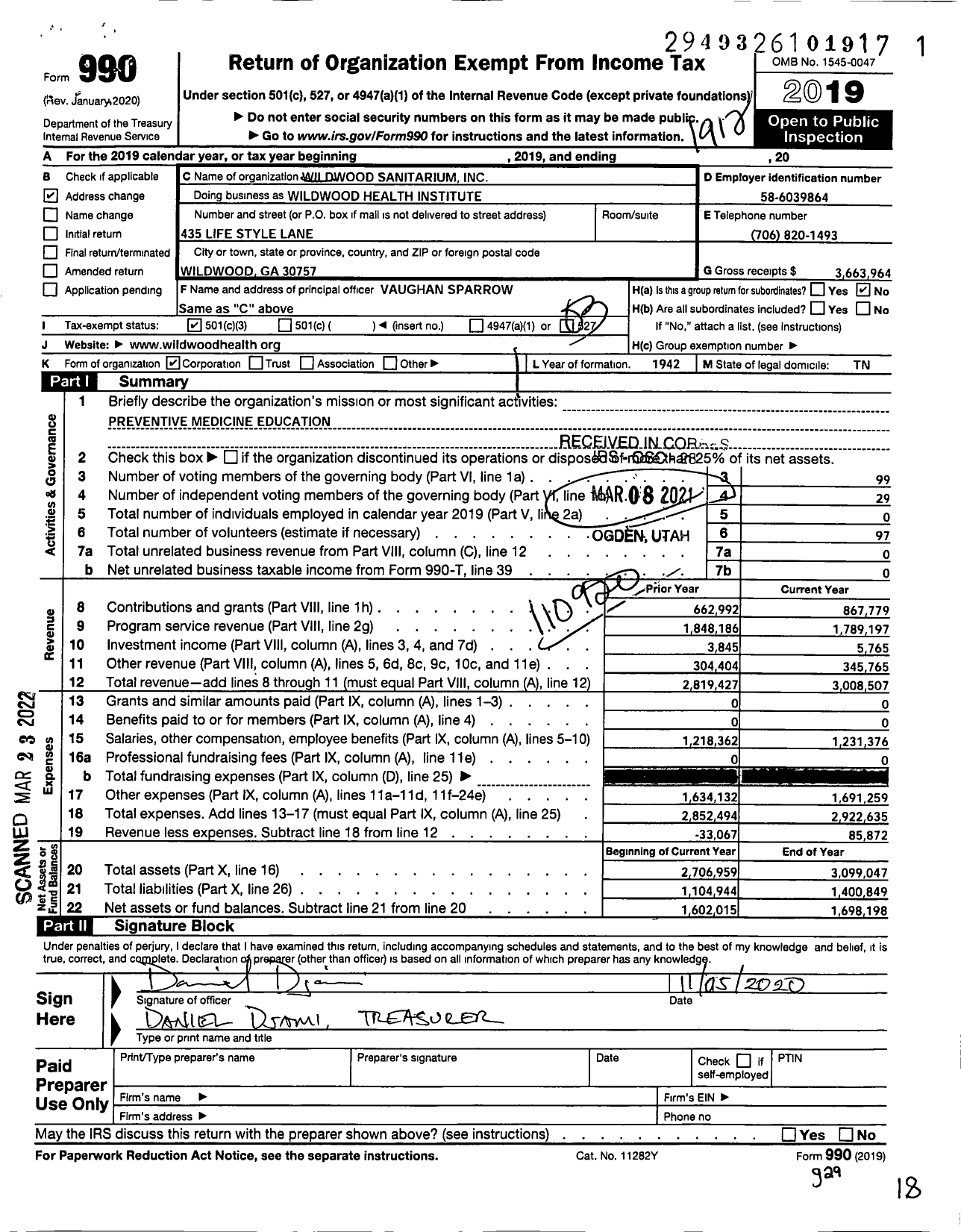 Image of first page of 2019 Form 990 for Wildwood Health Institute