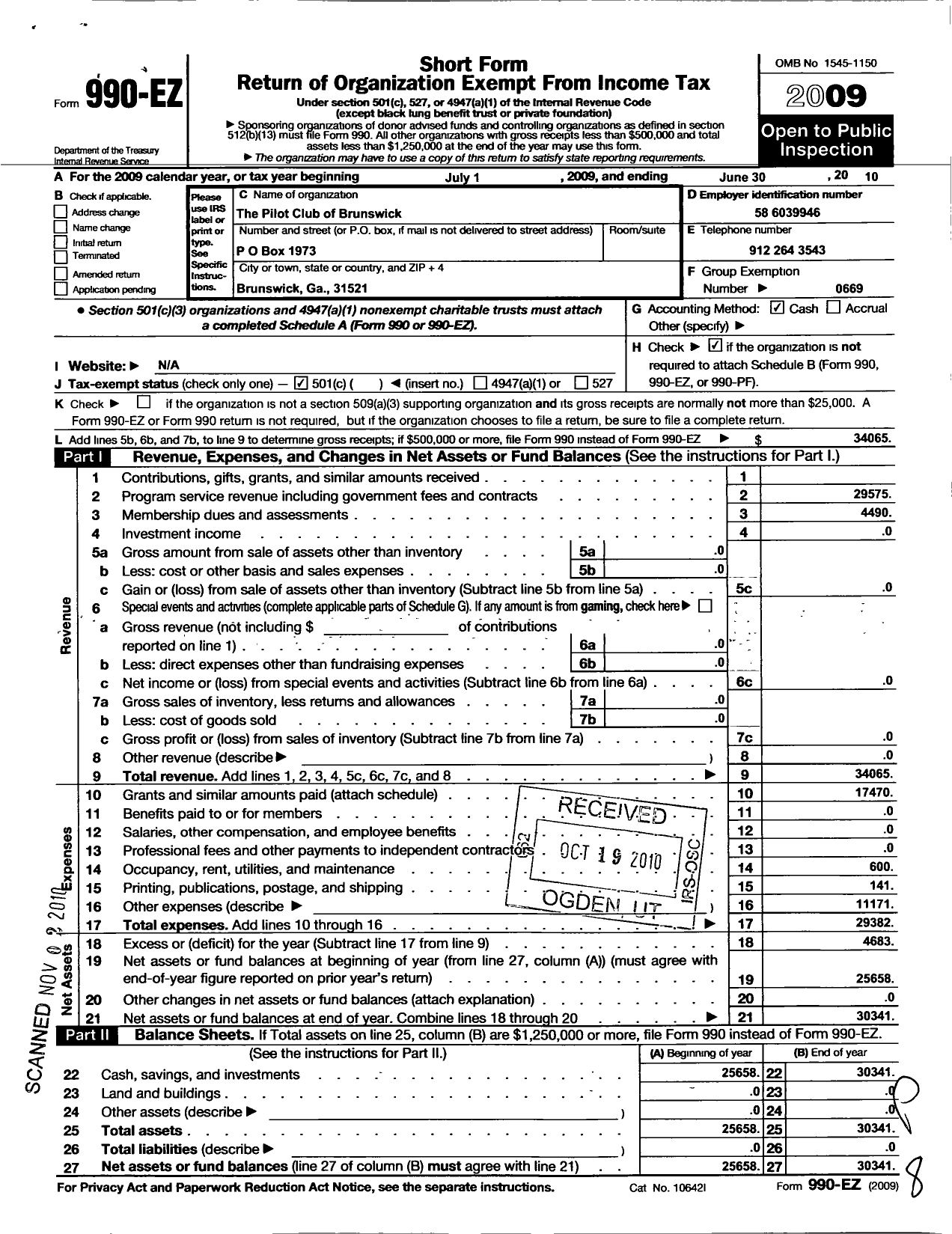 Image of first page of 2009 Form 990EO for Pilot Club International / Pilot Club of Brunswick