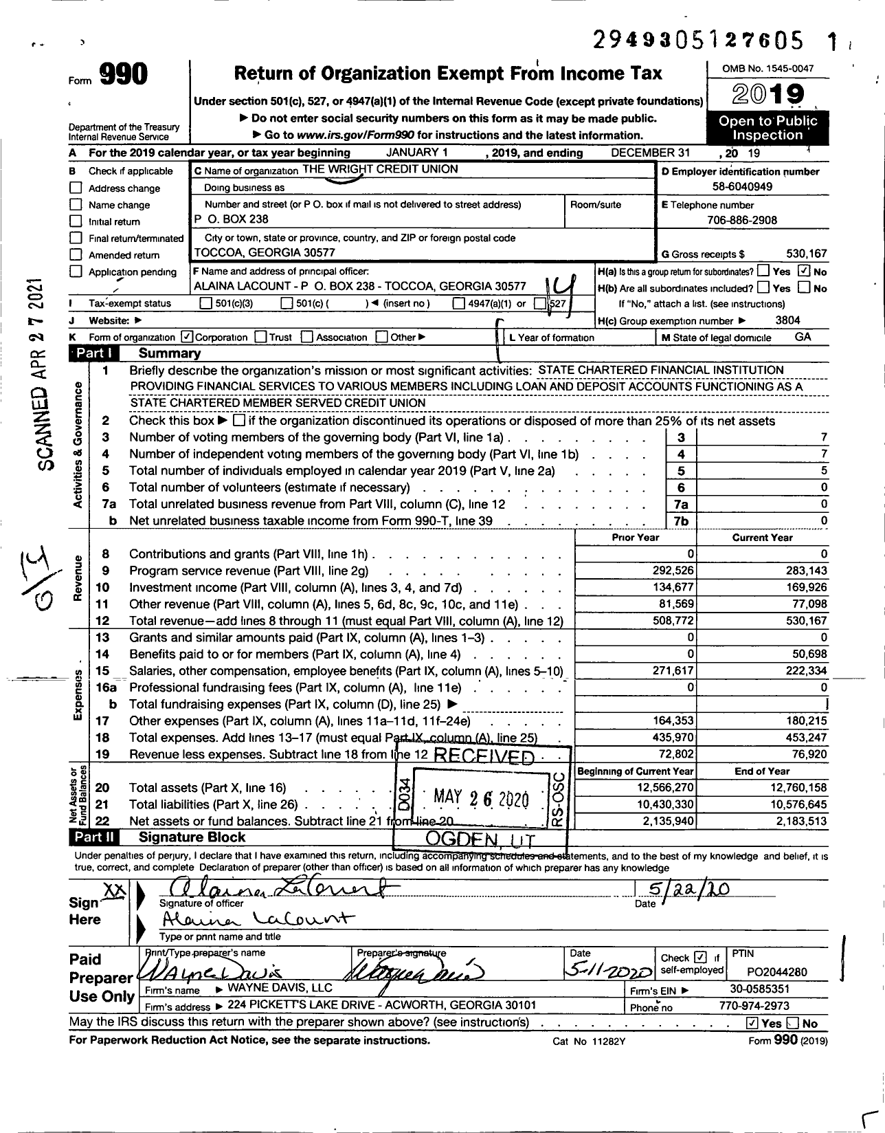 Image of first page of 2019 Form 990O for The Wright Credit Union