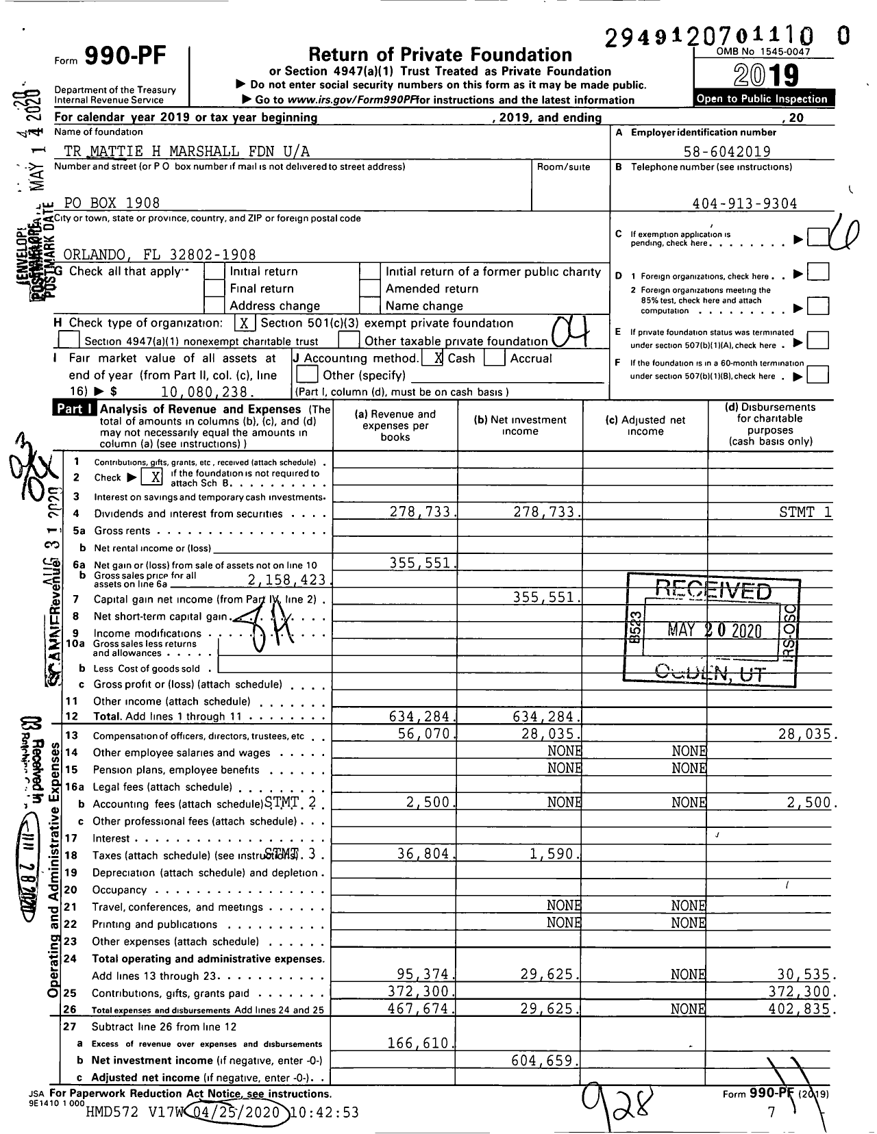 Image of first page of 2019 Form 990PR for Mattie H Marshall Foundation