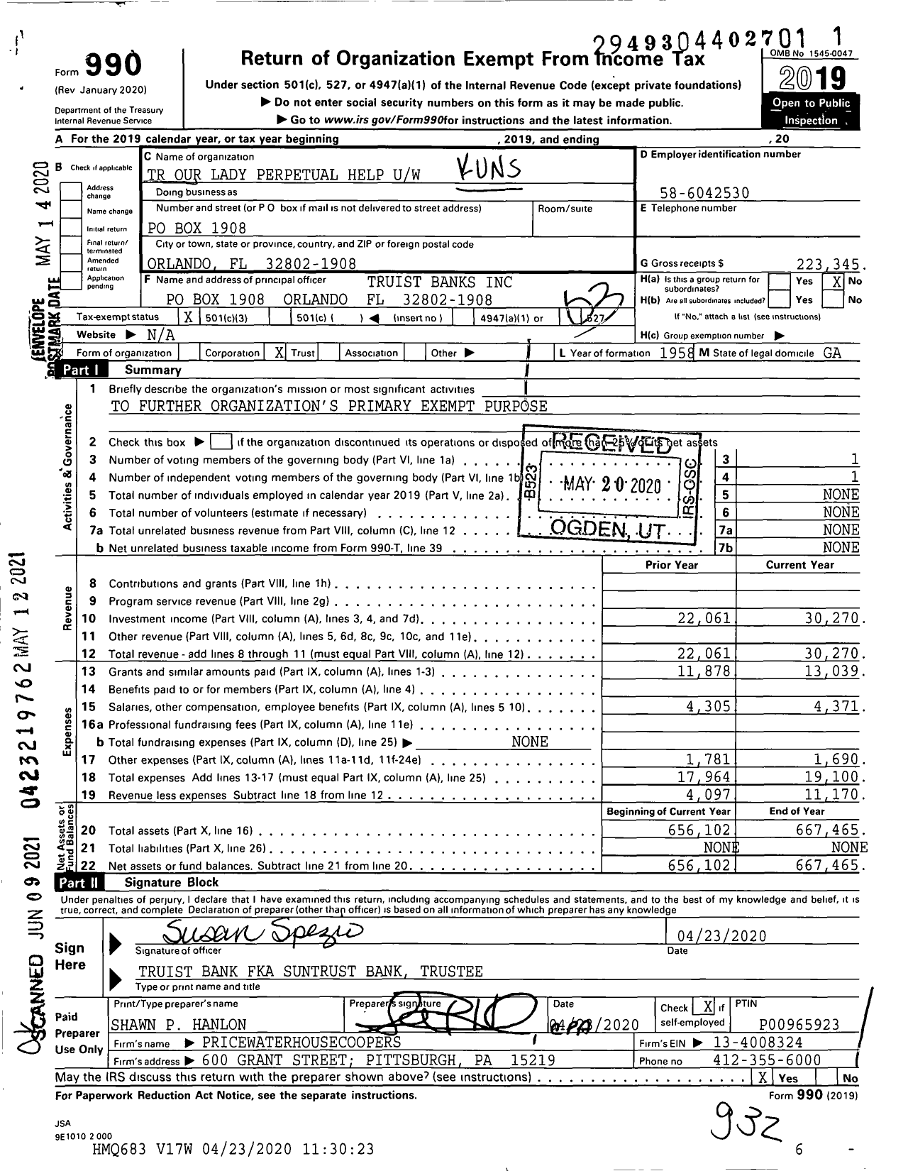 Image of first page of 2019 Form 990 for Our Lady Perpetual Help TR Uw