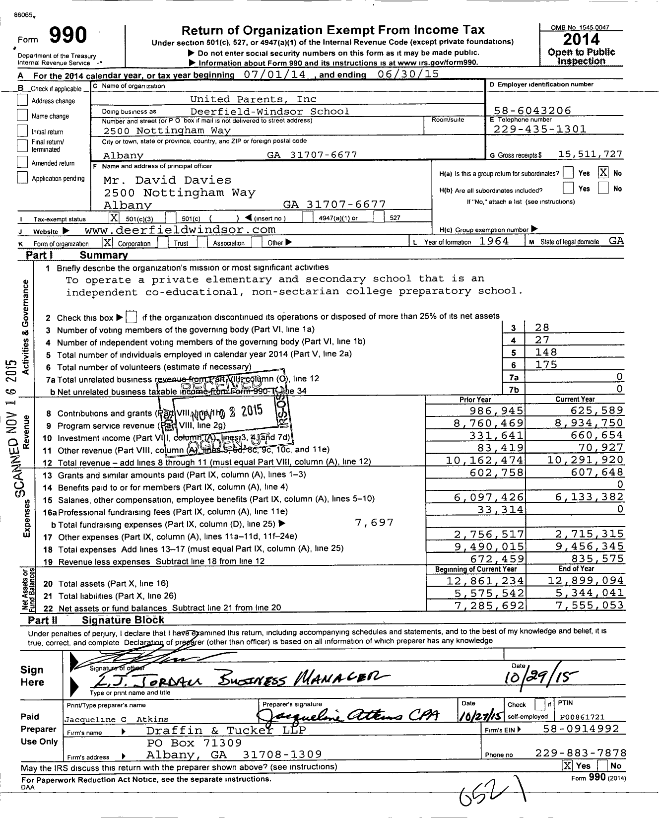 Image of first page of 2014 Form 990 for Deerfield-Windsor School