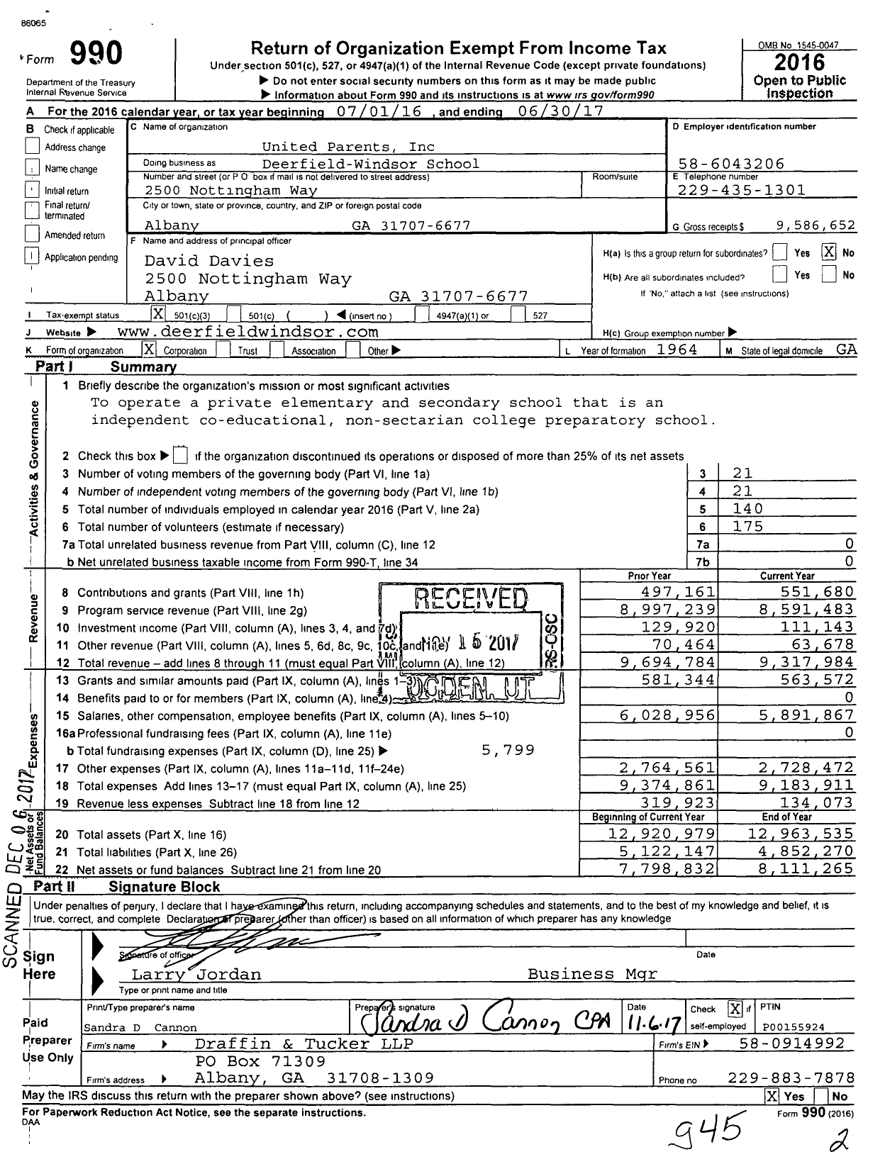 Image of first page of 2016 Form 990 for Deerfield-Windsor School