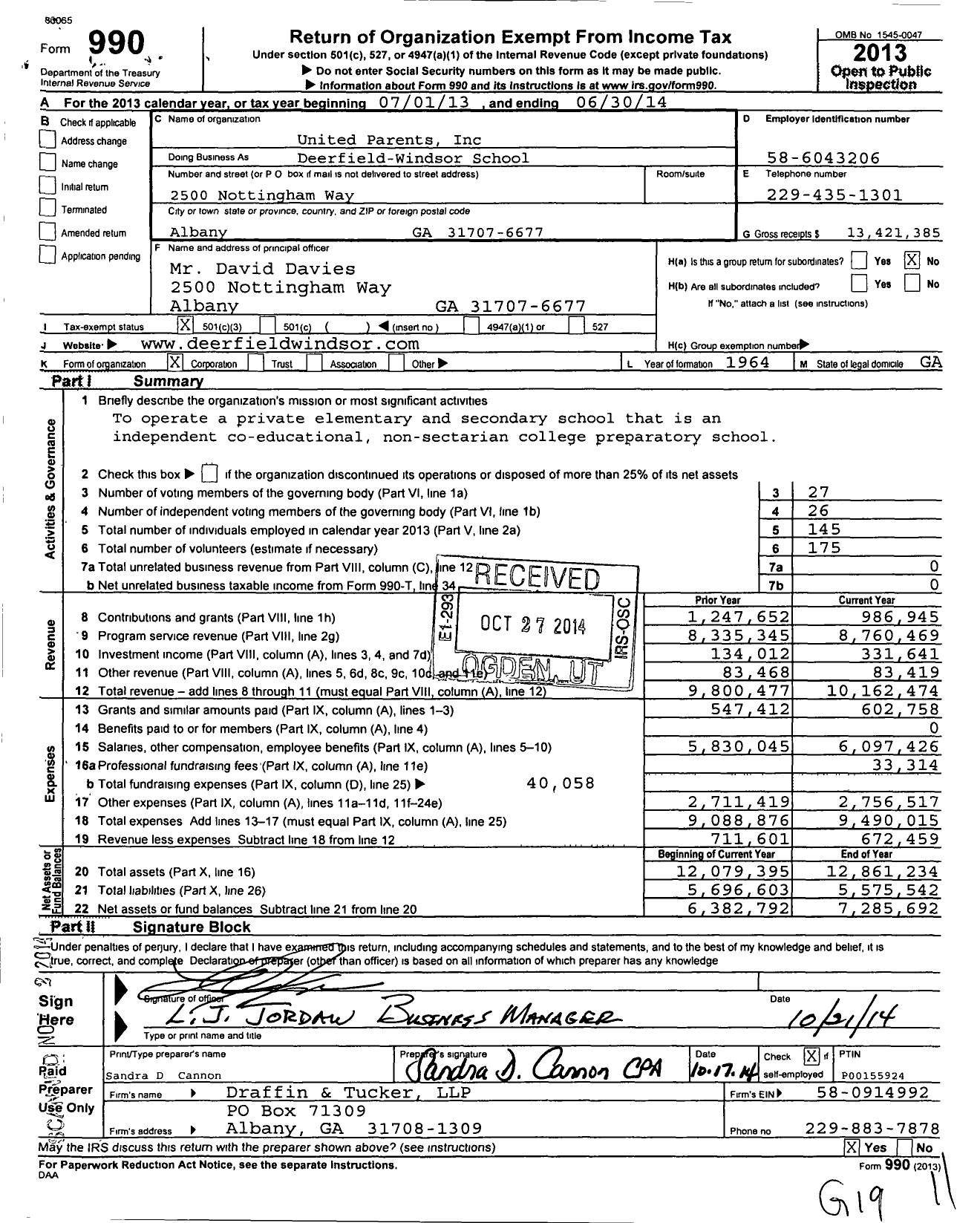 Image of first page of 2013 Form 990 for Deerfield-Windsor School