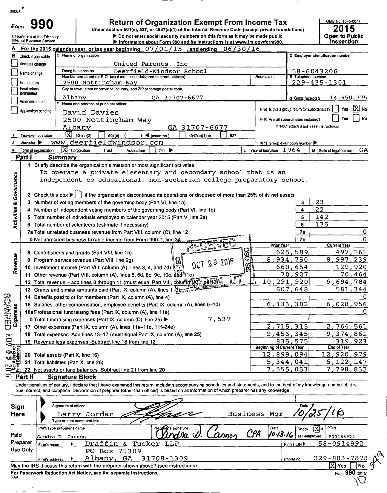 Image of first page of 2015 Form 990 for Deerfield-Windsor School