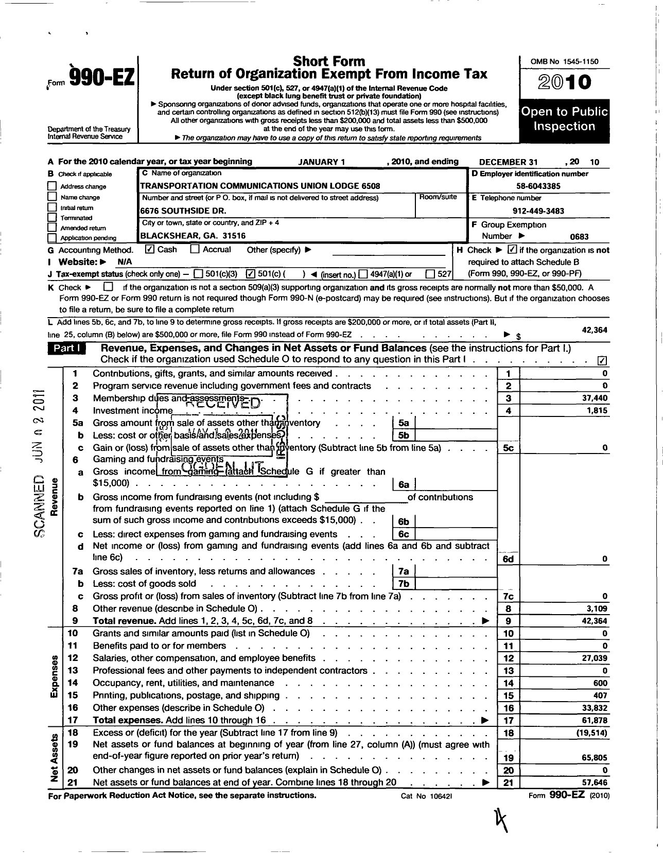 Image of first page of 2010 Form 990EO for Transportation-Communications Union / T6508 Lodge