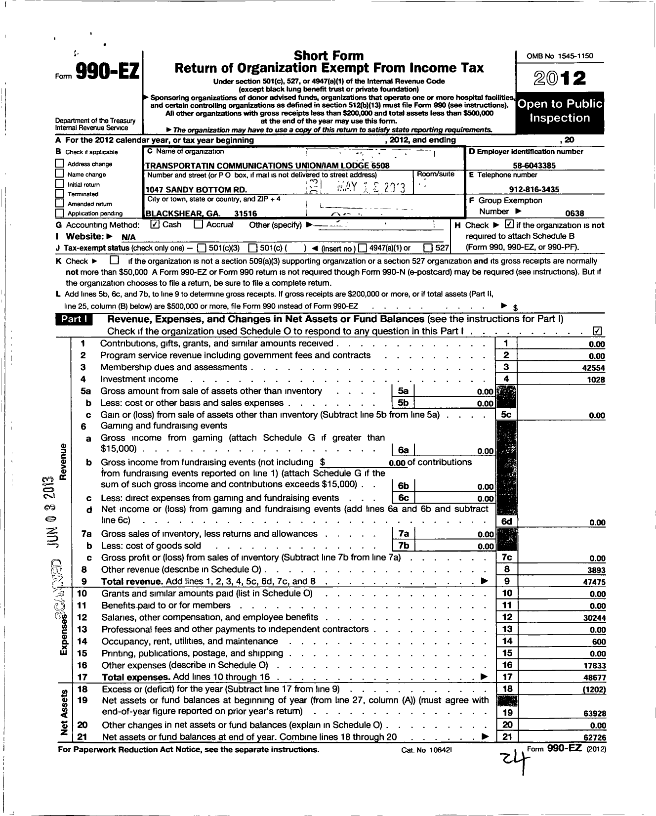 Image of first page of 2012 Form 990EO for Transportation-Communications Union / T6508 Lodge