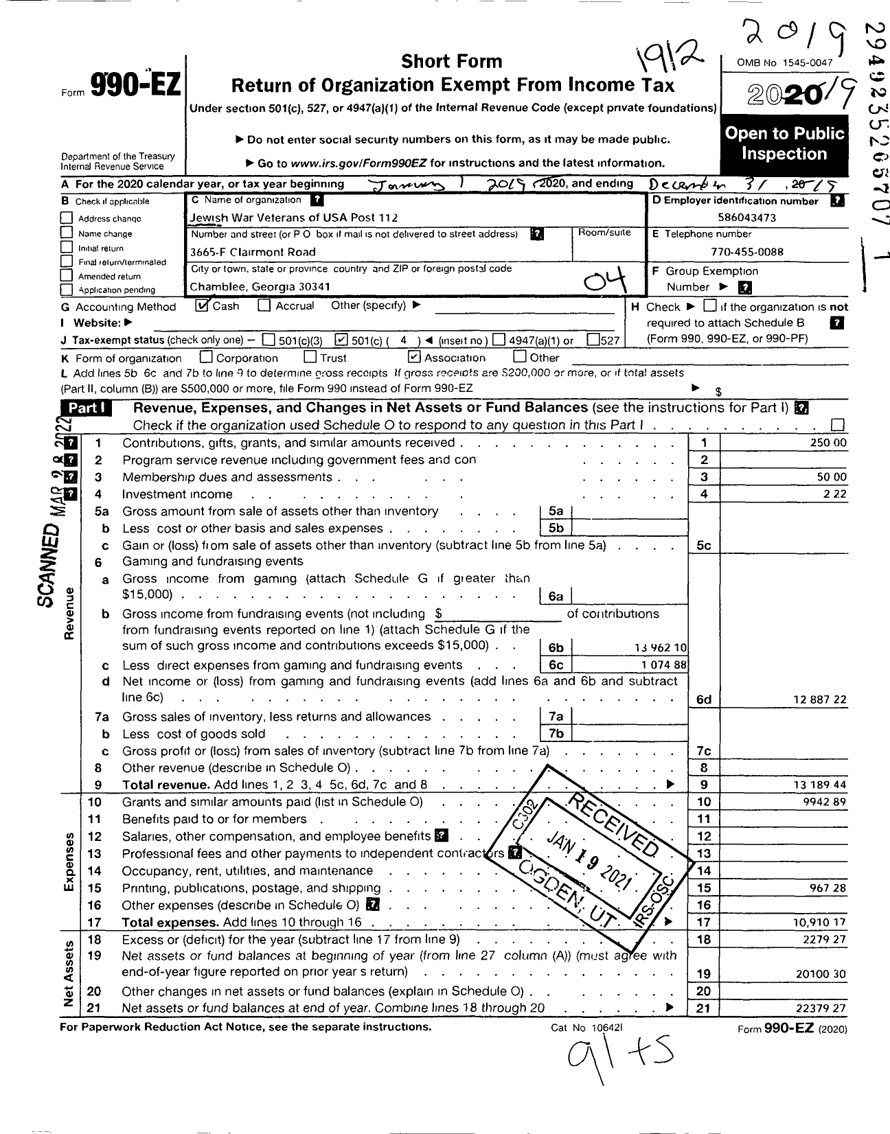 Image of first page of 2019 Form 990EO for Jewish War Veterans Post 112