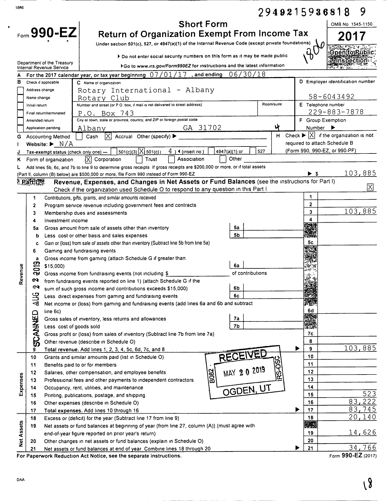 Image of first page of 2017 Form 990EO for Rotary International - Albany