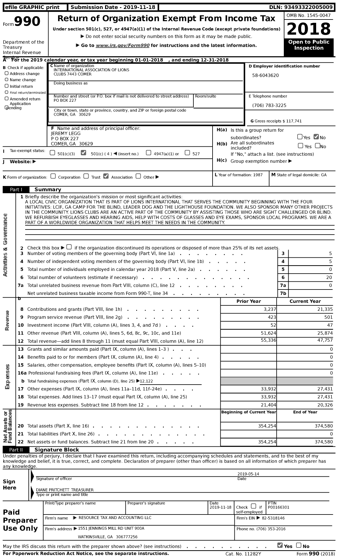 Image of first page of 2018 Form 990 for Lions Clubs - 7443 Comer