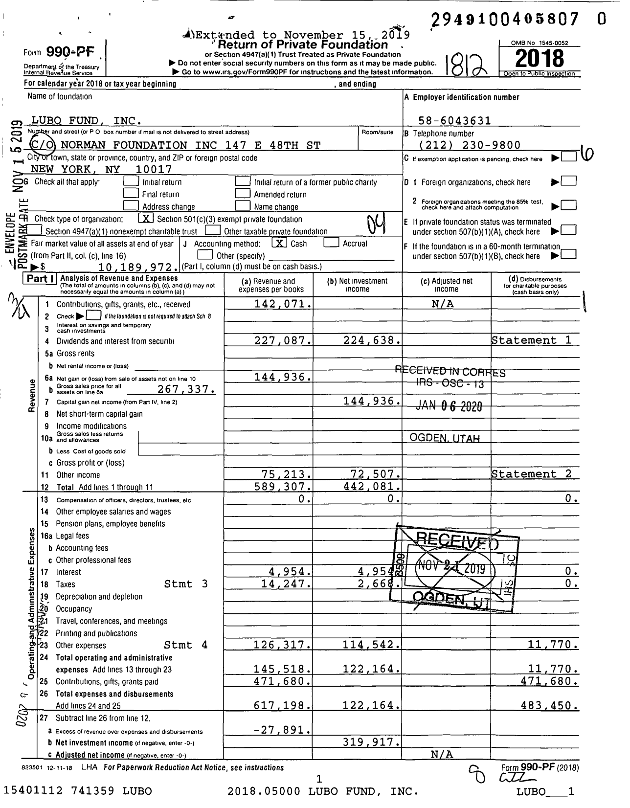 Image of first page of 2018 Form 990PR for Lubo Fund