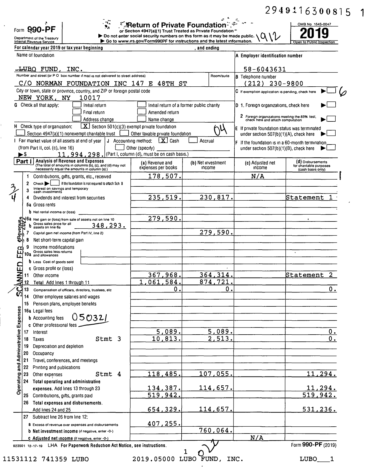 Image of first page of 2019 Form 990PF for Lubo Fund