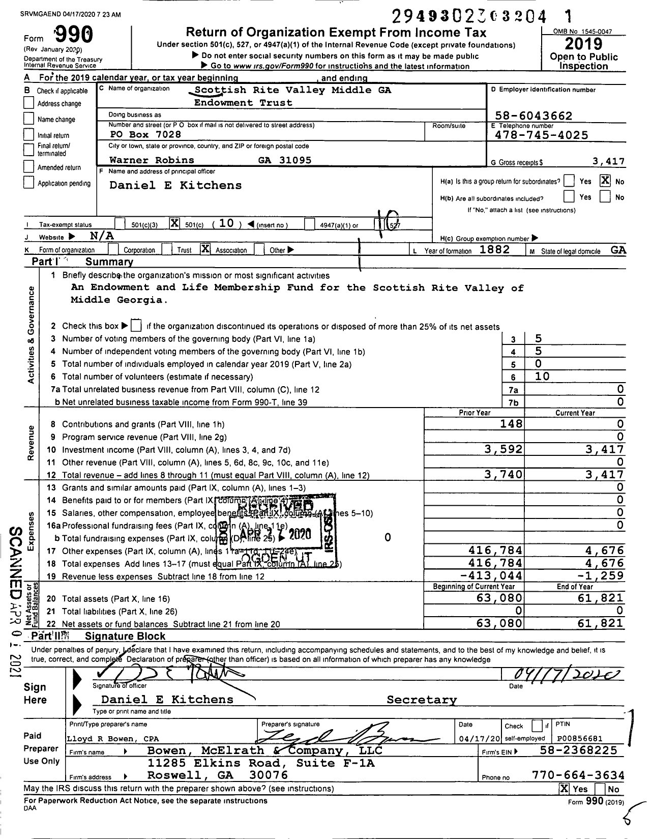 Image of first page of 2019 Form 990O for Scottish Rite Temple Corporation of Macon Ga