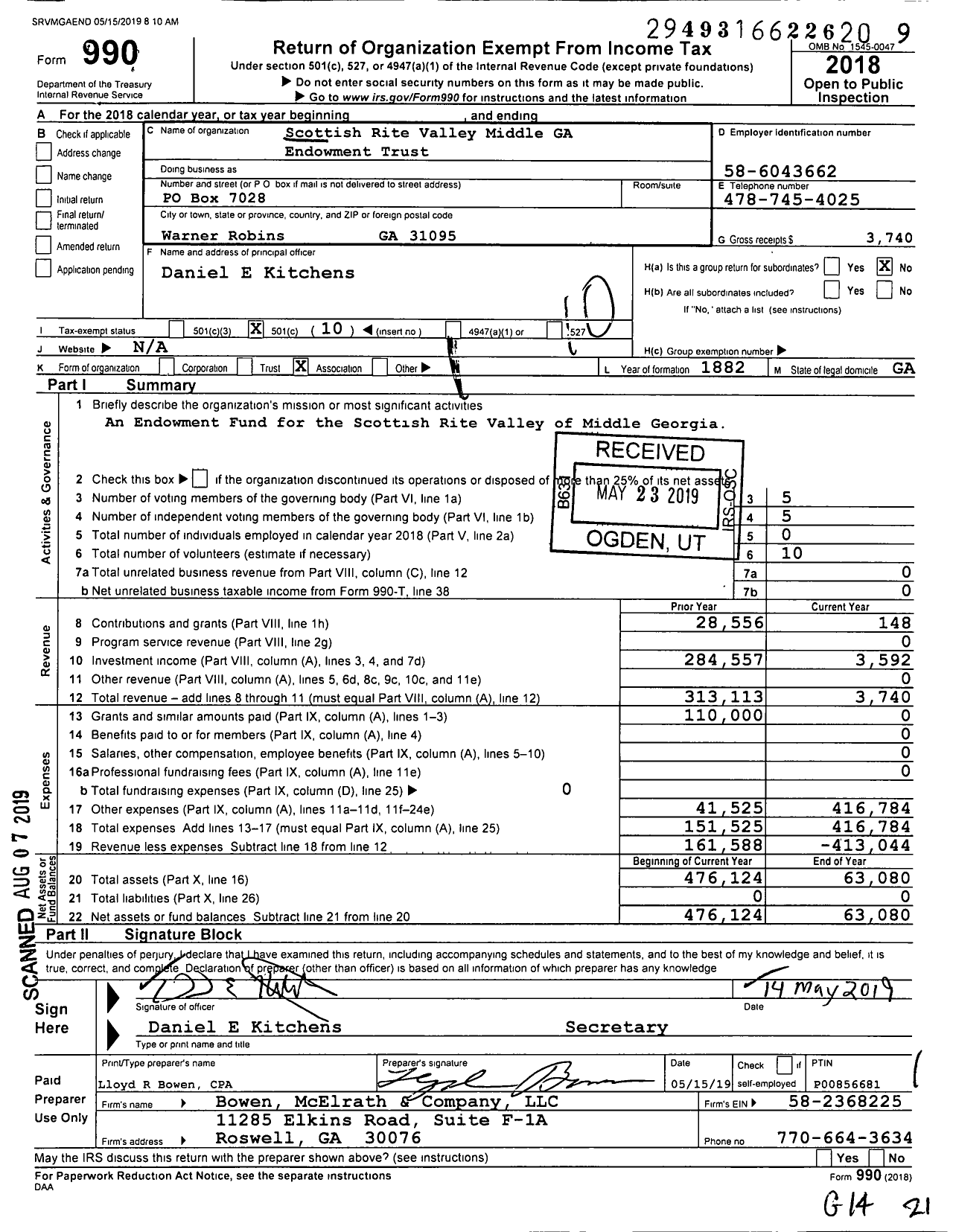 Image of first page of 2018 Form 990O for Scottish Rite Temple Corporation of Macon Ga