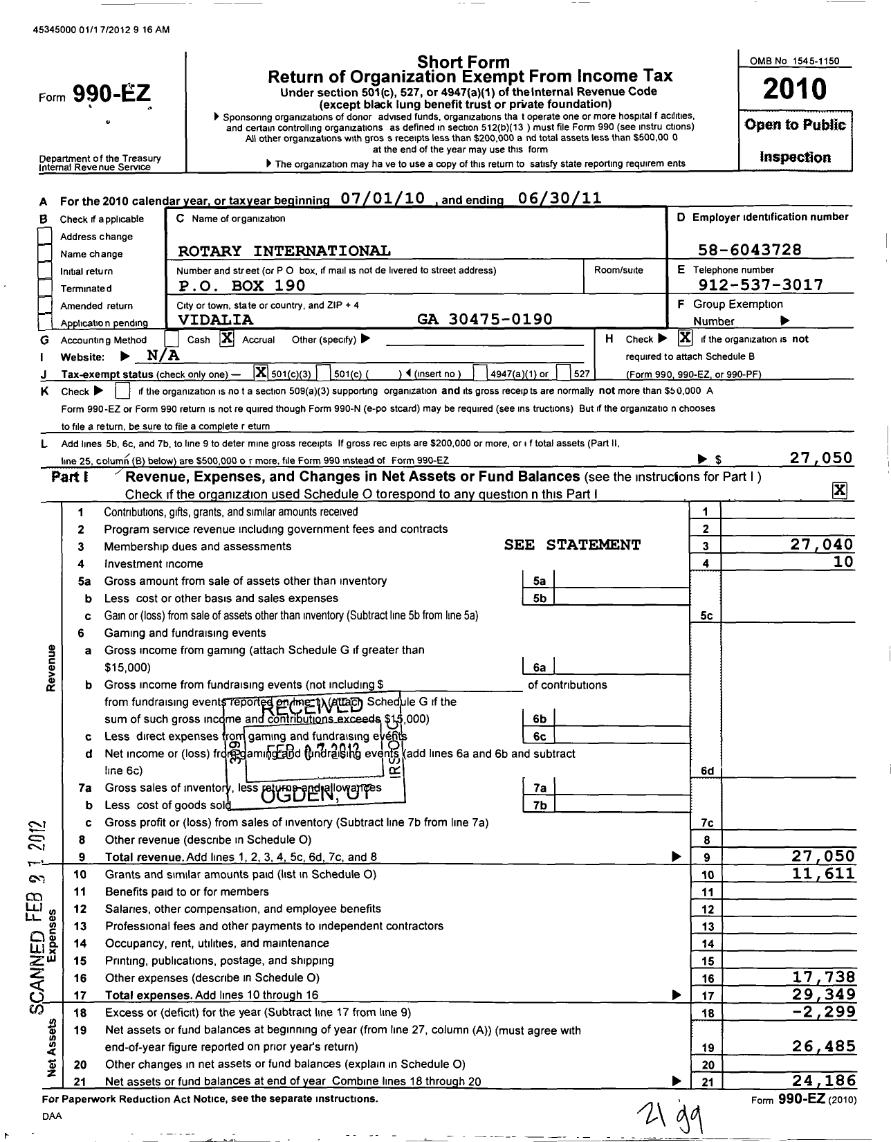 Image of first page of 2010 Form 990EZ for Rotary International - Vidalia