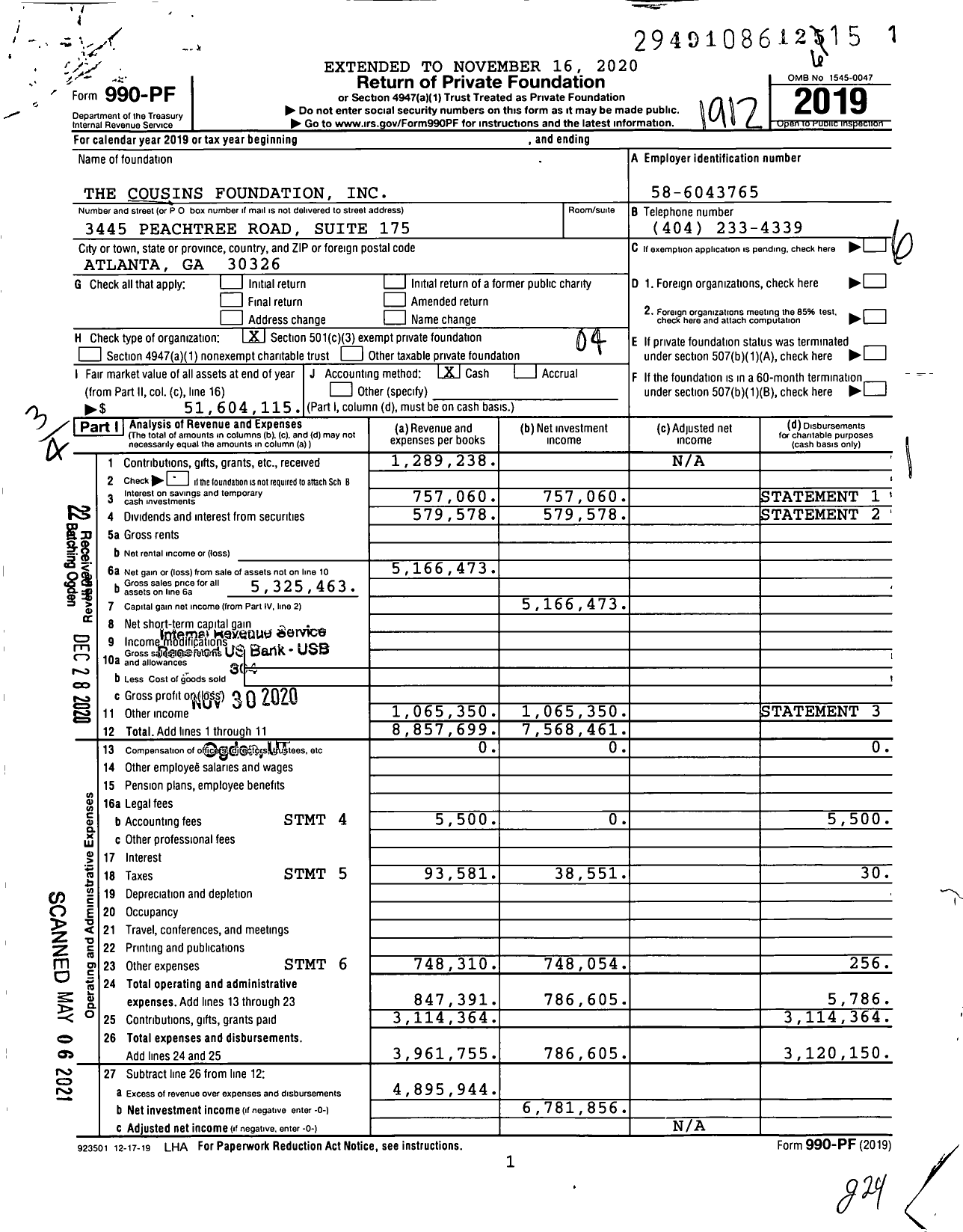 Image of first page of 2019 Form 990PF for Cousins Foundation