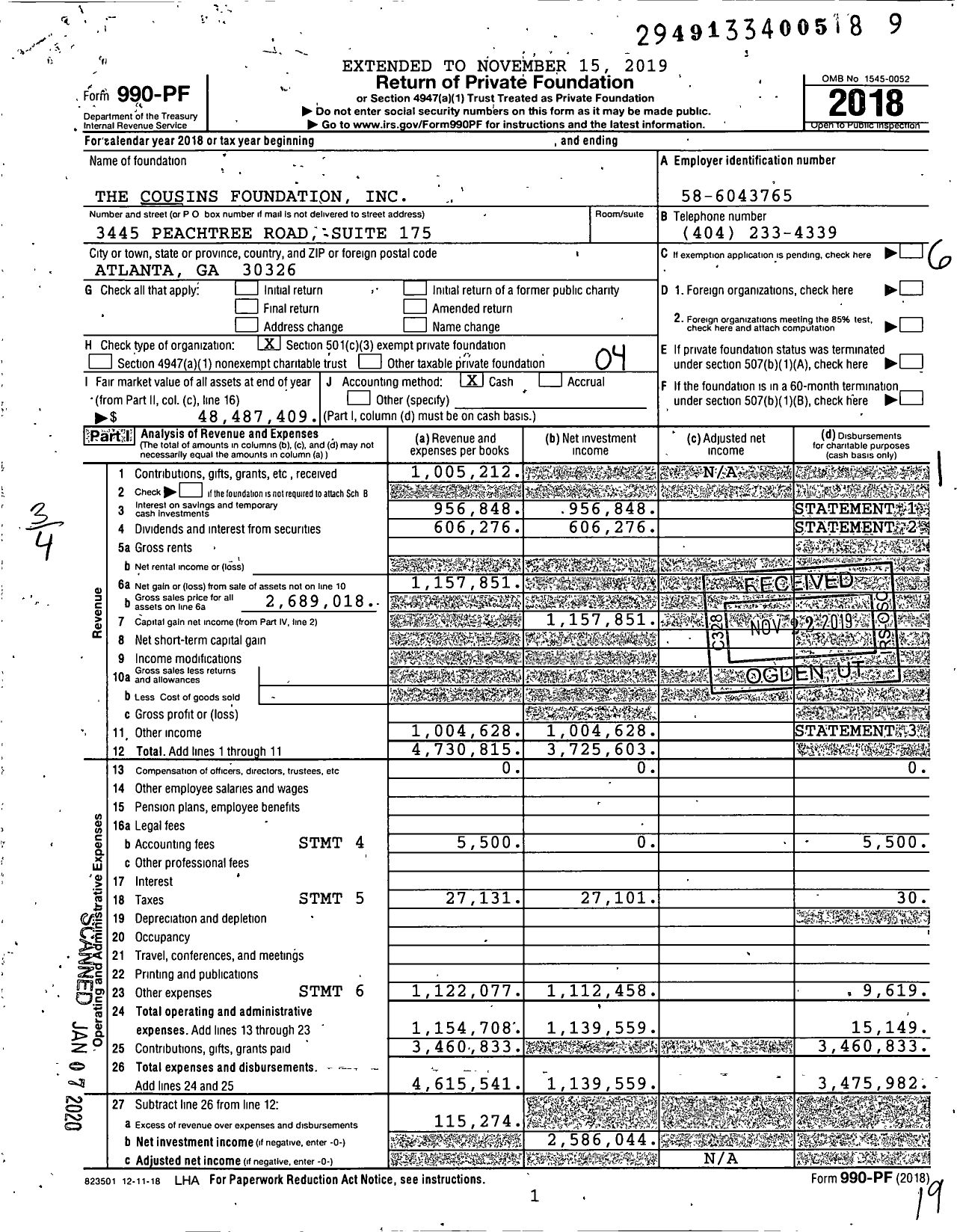 Image of first page of 2018 Form 990PF for Cousins Foundation