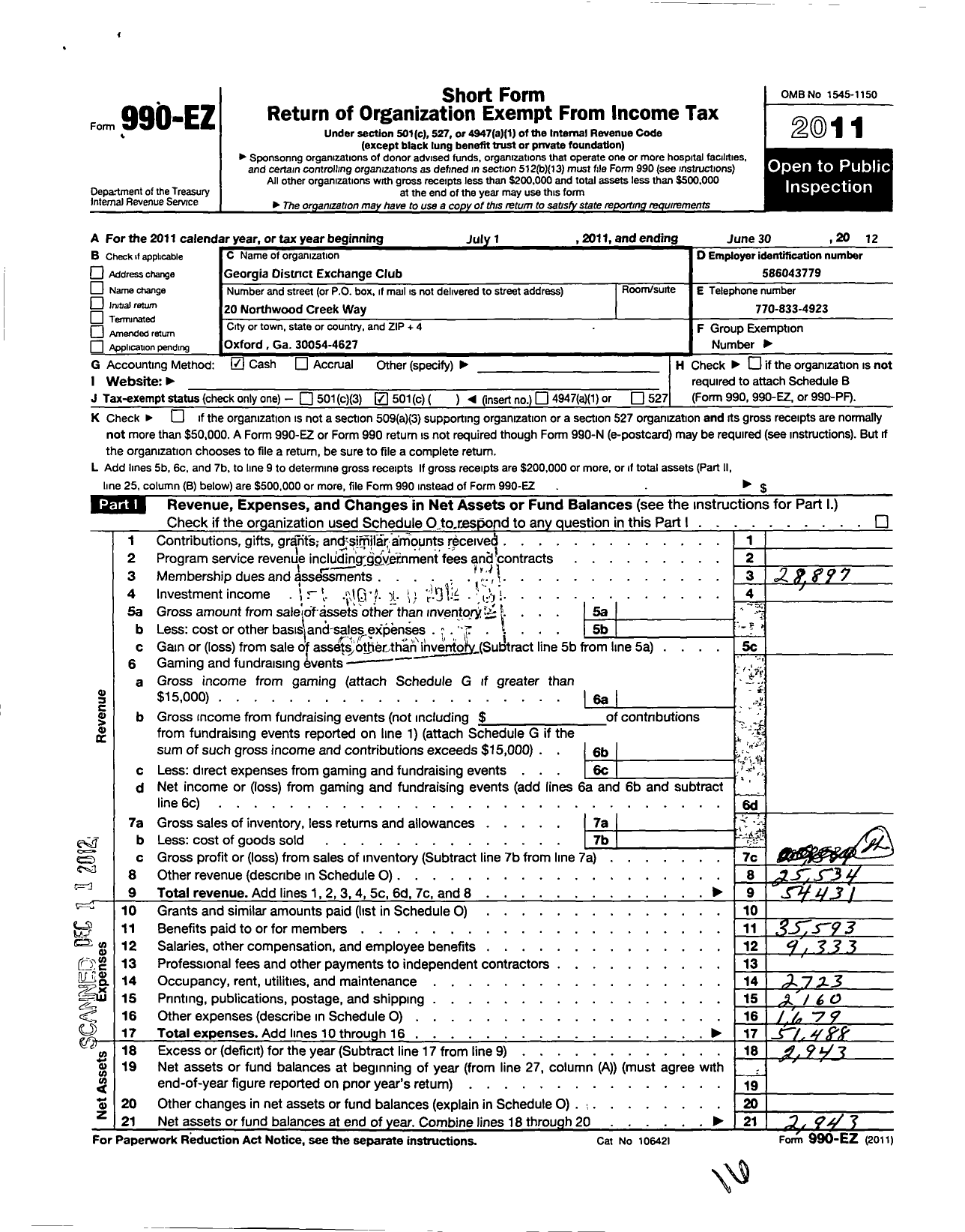 Image of first page of 2011 Form 990EO for National Exchange Club - 6 Georgia