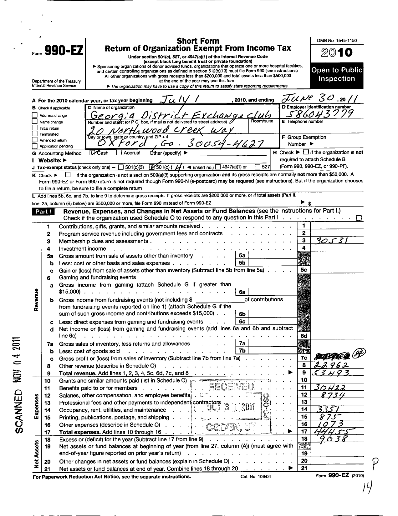 Image of first page of 2010 Form 990EO for National Exchange Club - 6 Georgia