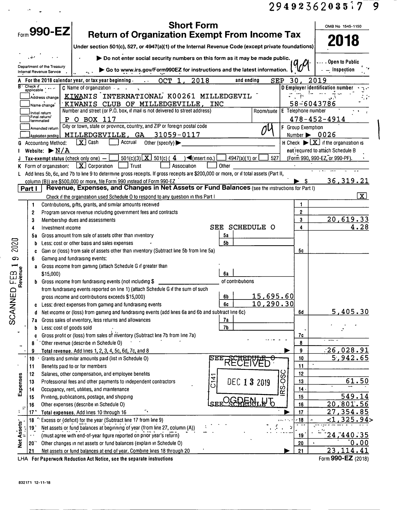 Image of first page of 2018 Form 990EO for Kiwanis International - K00261 Milledgeville