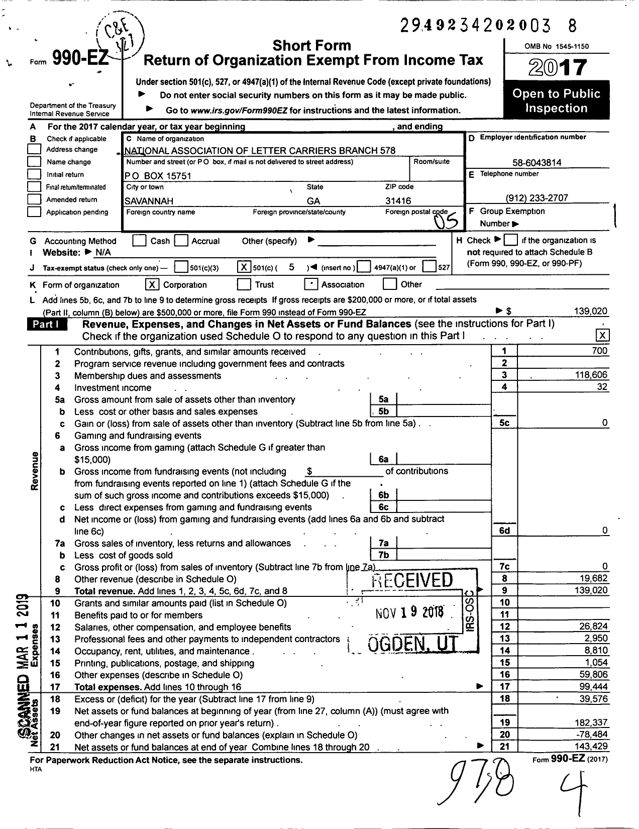 Image of first page of 2017 Form 990EO for National Association of Letter Carriers - 0578 Savannah Georgia