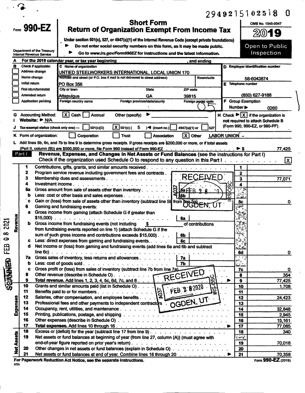 Image of first page of 2019 Form 990EO for United Steelworkers - 170 Local