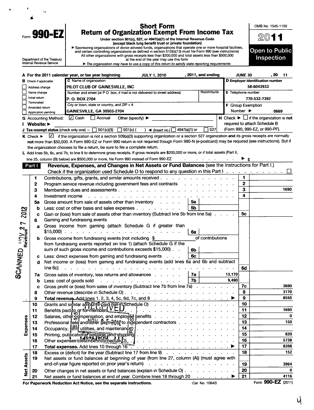 Image of first page of 2010 Form 990EO for Pilot Club International / Pilot Club of Gainesville
