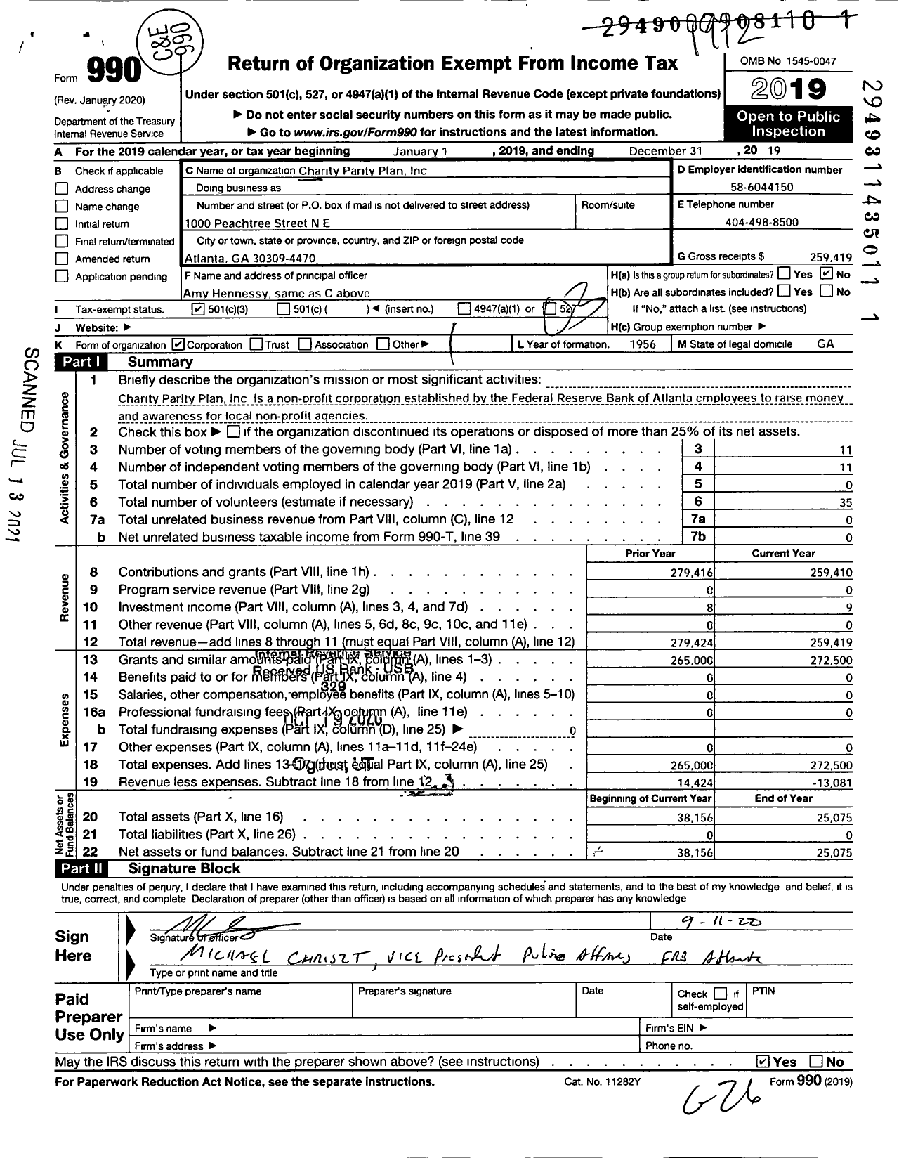 Image of first page of 2019 Form 990 for Charity Parity Plan