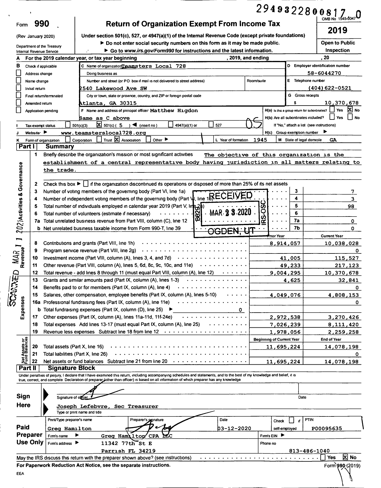 Image of first page of 2019 Form 990O for Teamsters - Teamsters Local 728