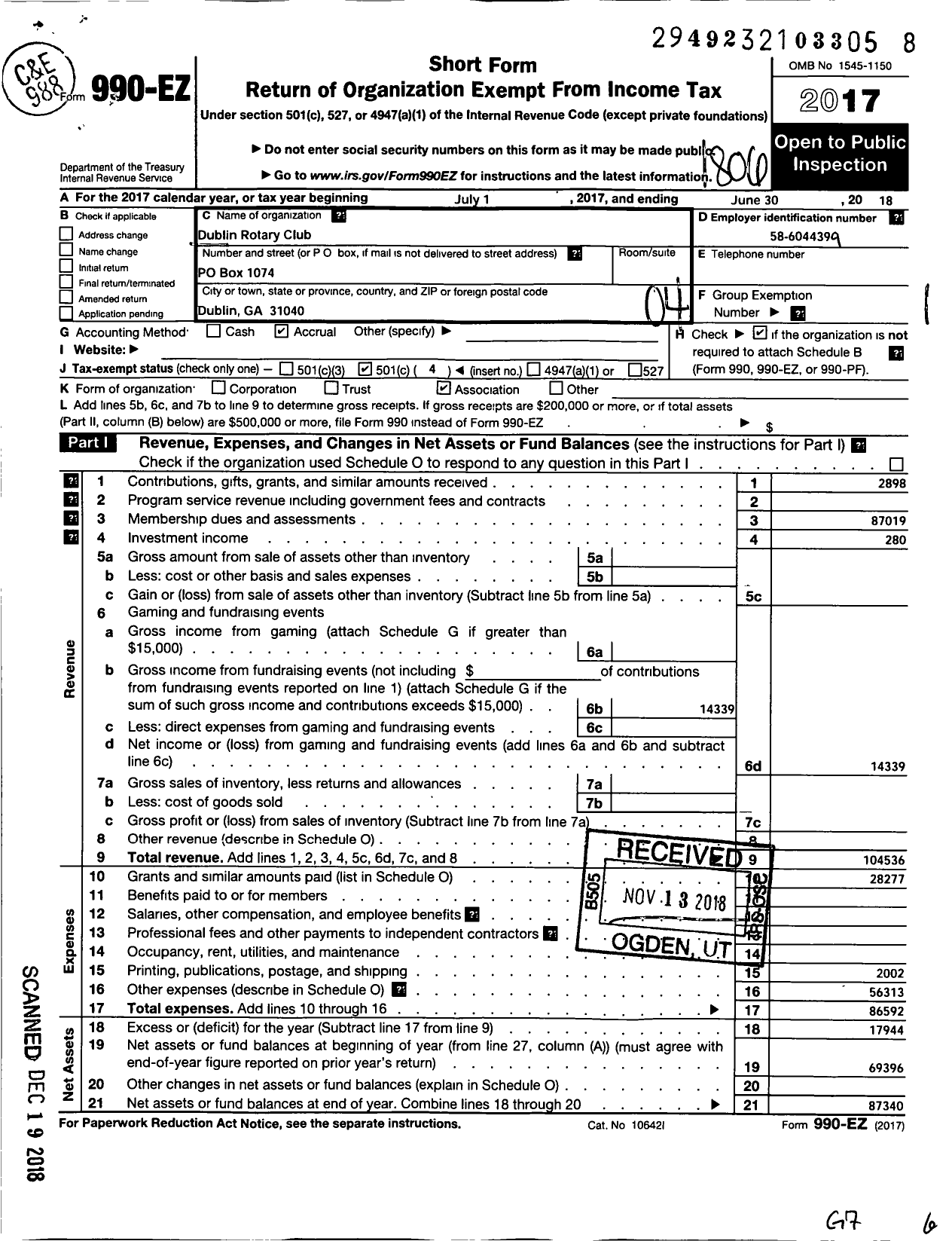 Image of first page of 2017 Form 990EO for Rotary International - Dublin Rotary Club