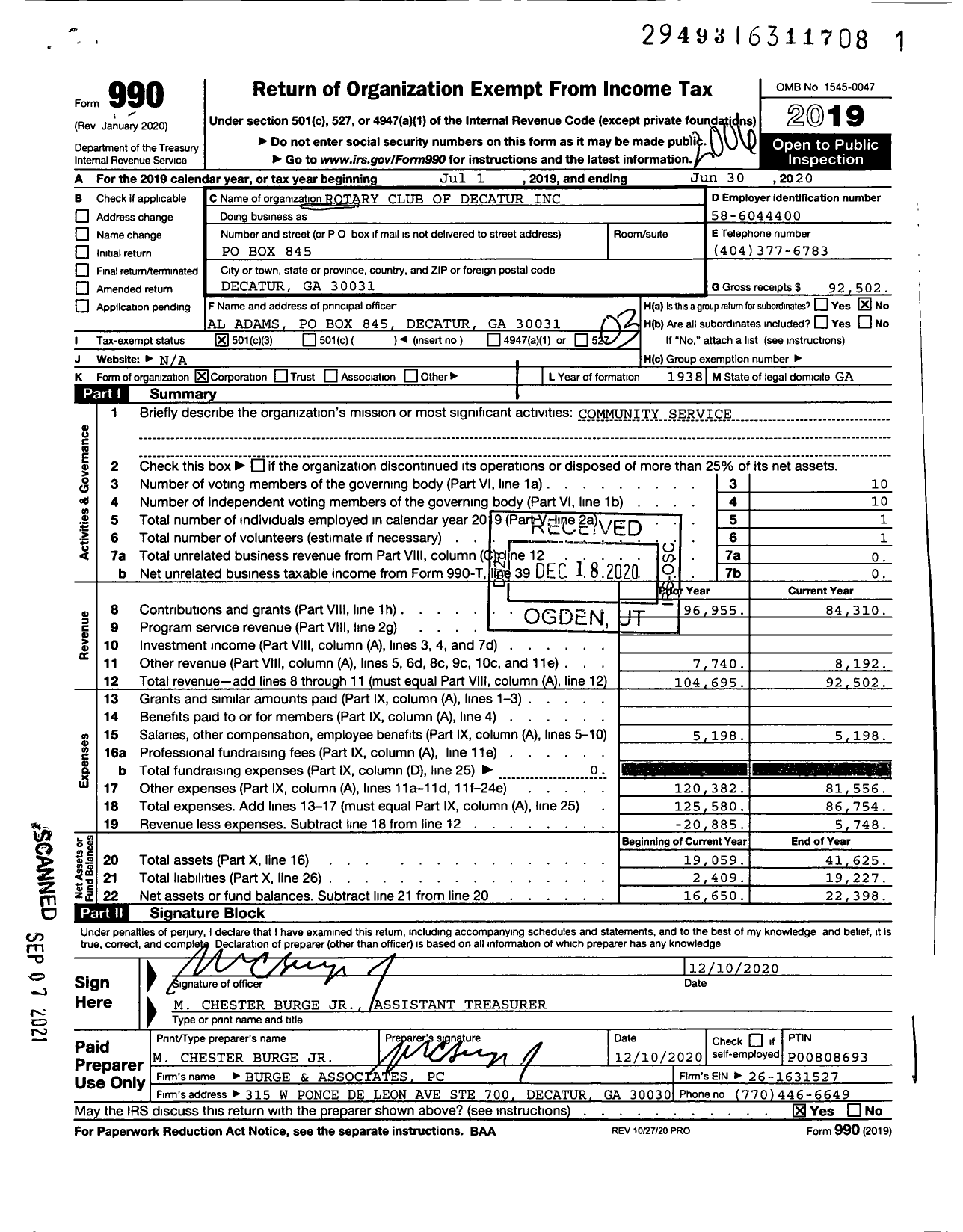 Image of first page of 2019 Form 990 for Rotary International - Decatur