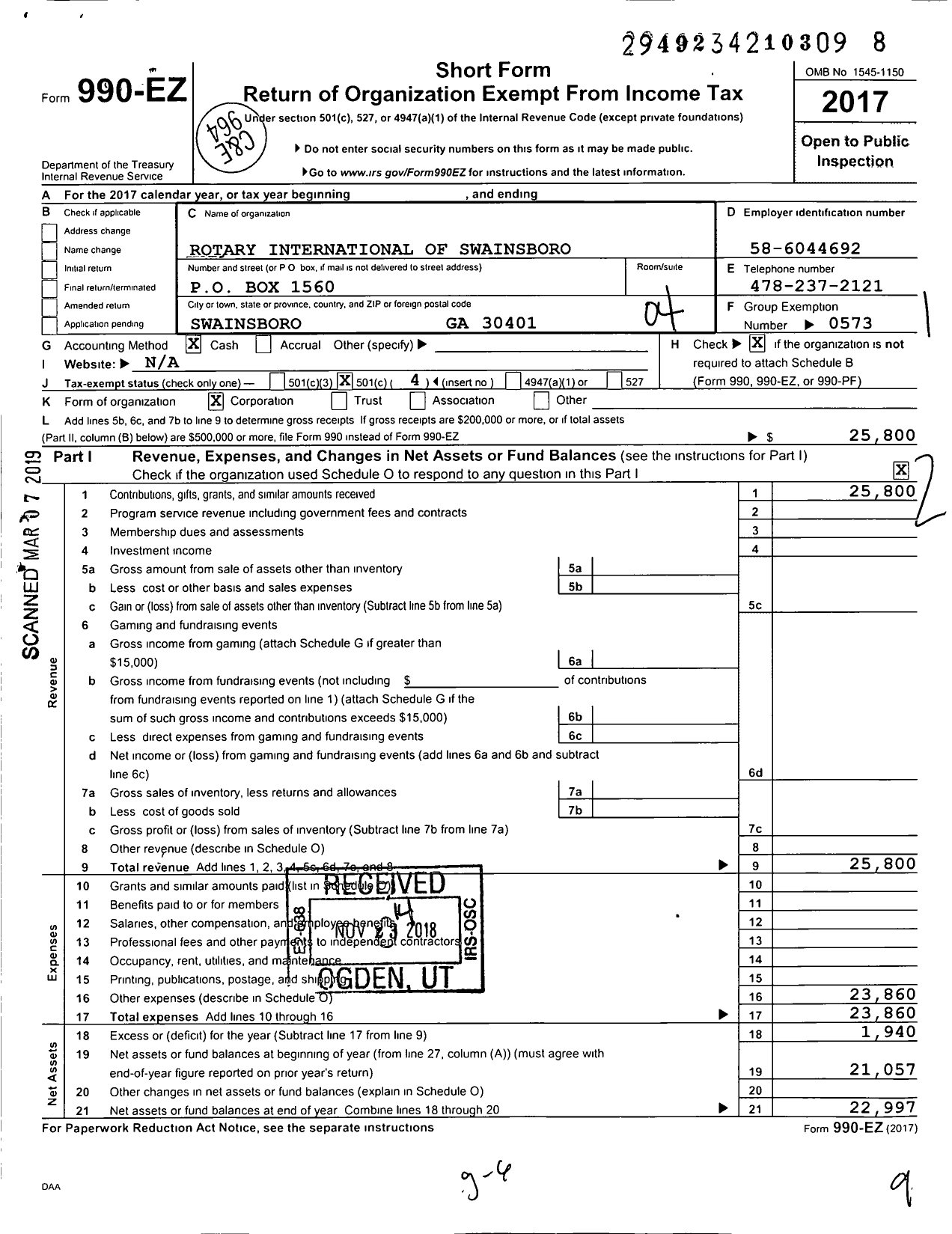 Image of first page of 2017 Form 990EO for Rotary International of Swainsboro