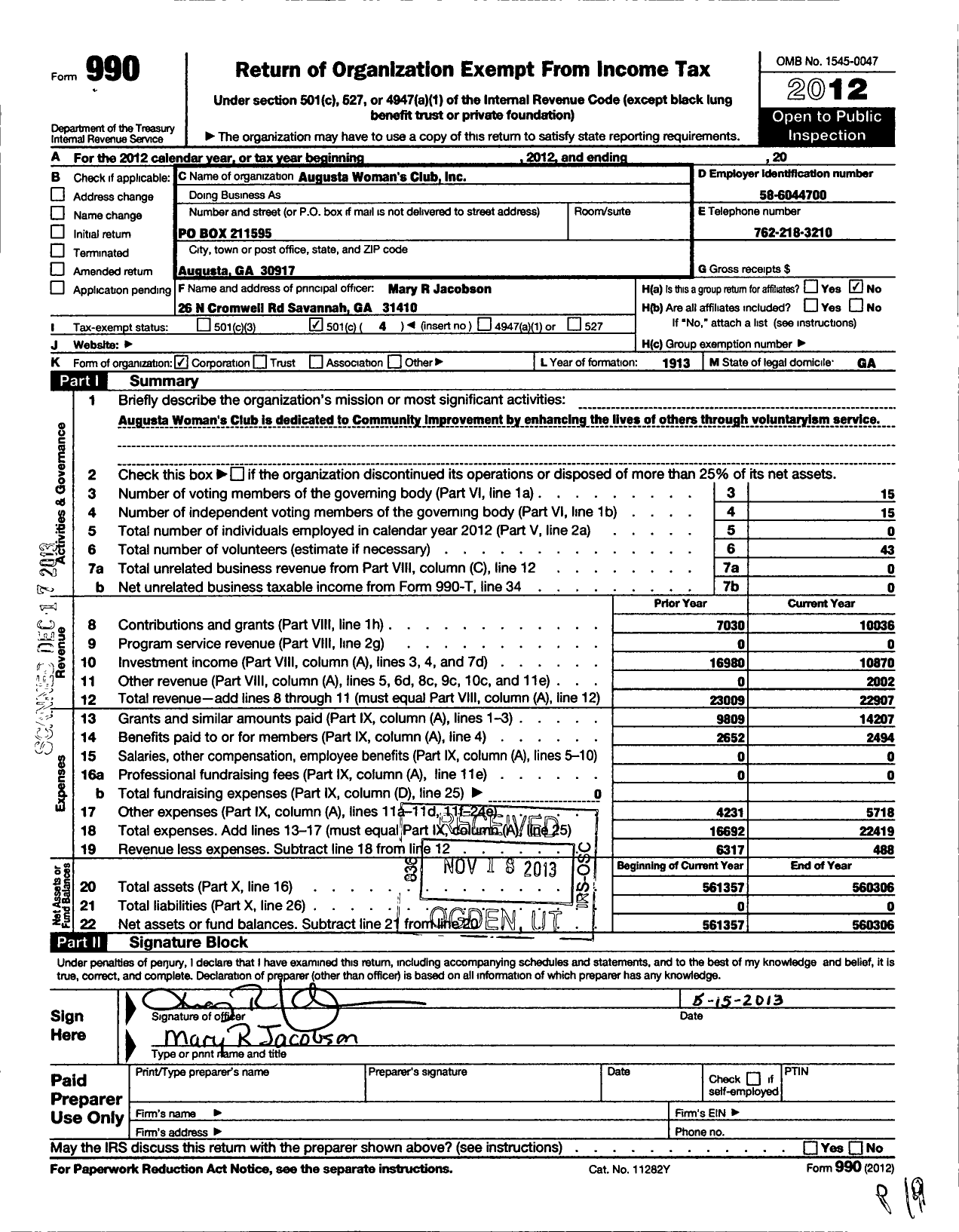 Image of first page of 2012 Form 990O for Augusta Womans Club