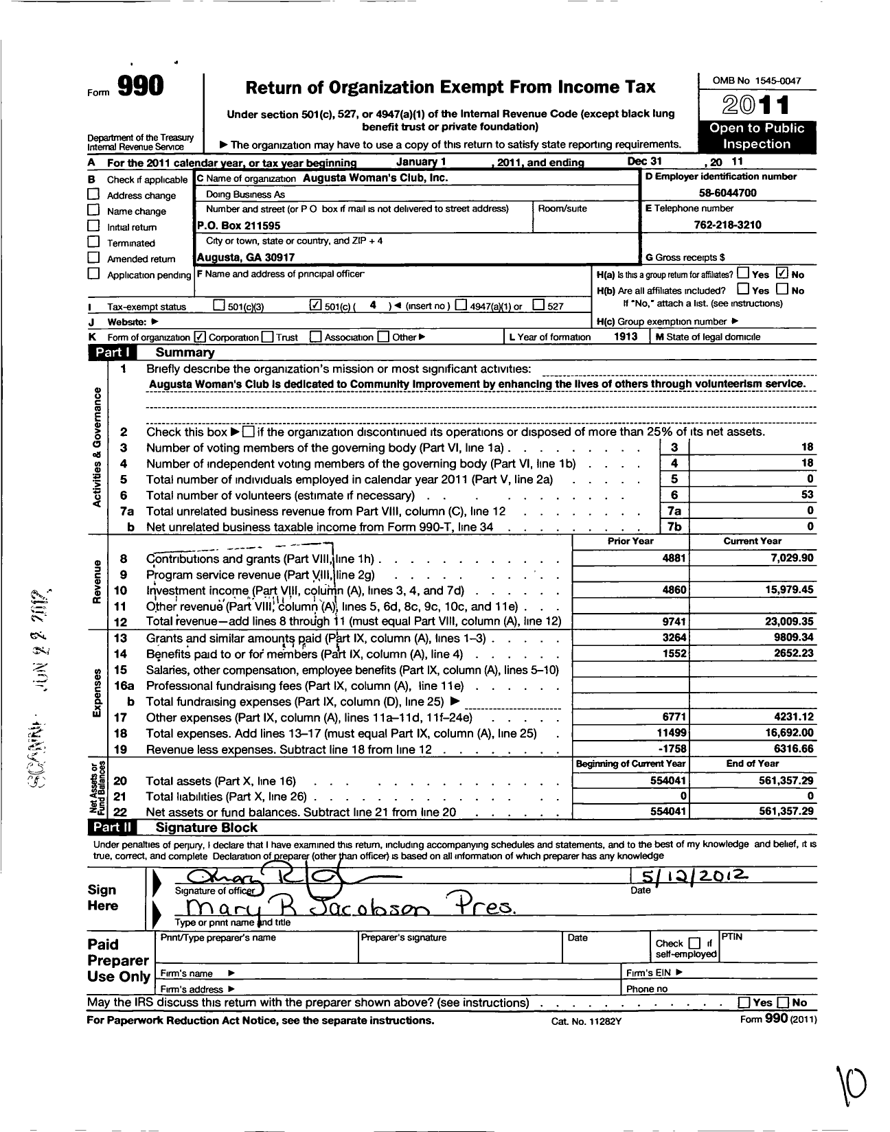 Image of first page of 2011 Form 990O for Augusta Womans Club